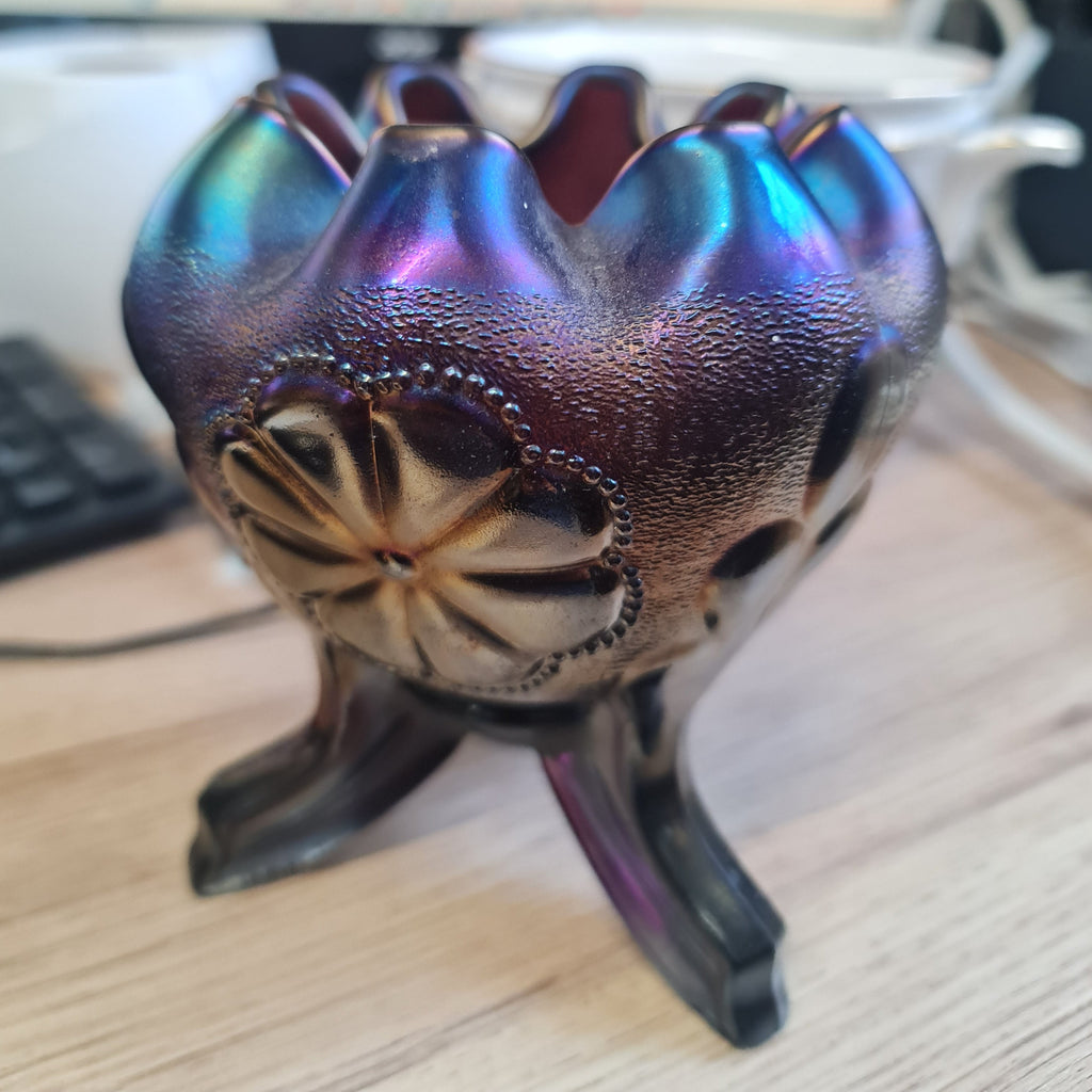 Northwood 'Daisy and Plume' Amethyst Carnival Glass 3 Footed Rose Bowl