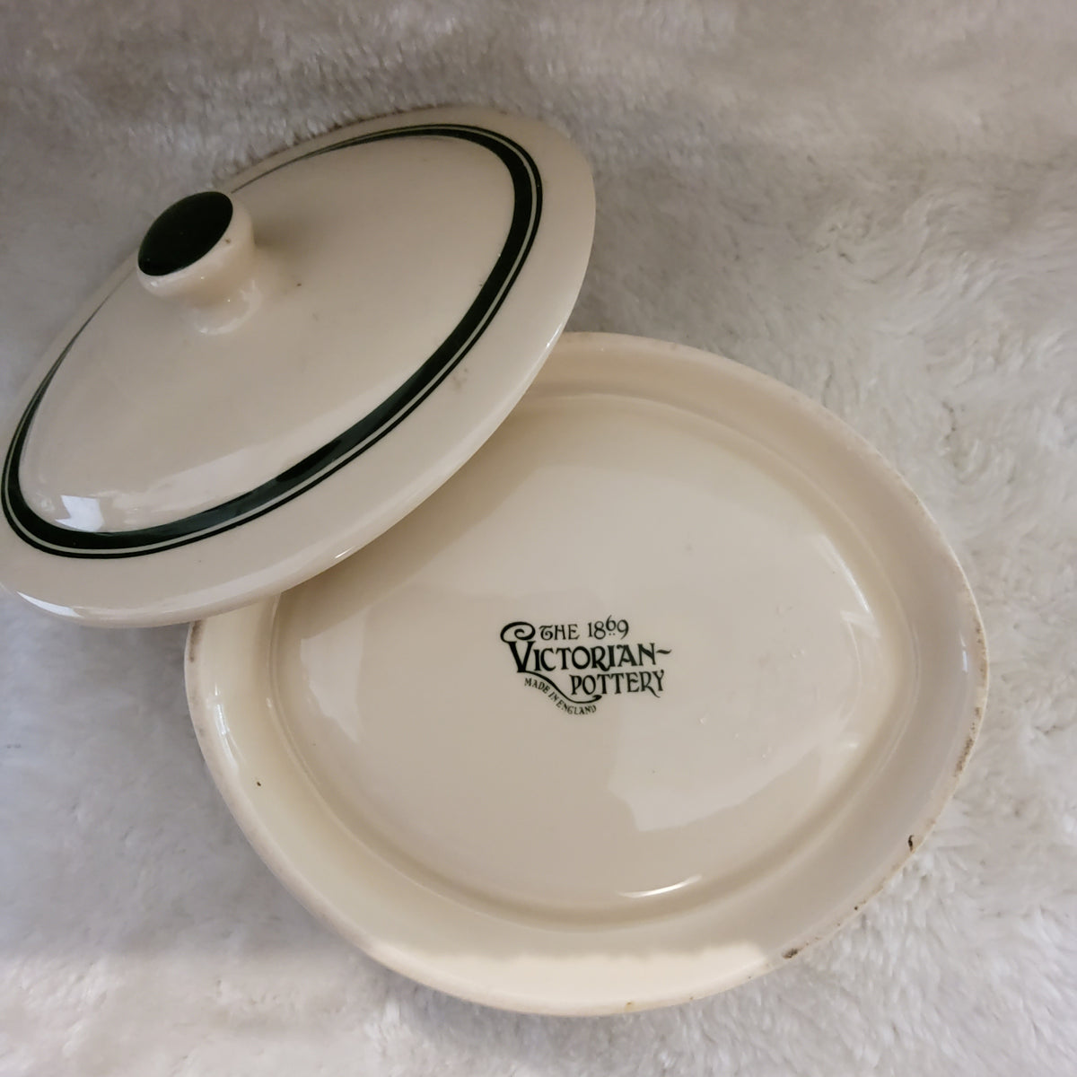 The Victorian pottery 1869 big butter dish with lid