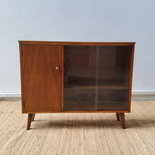 Vintage Mid Century teak  and Glazed Glass Retro Compact Bookcase Sideboard
