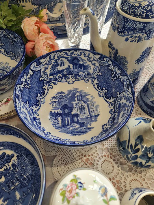 Antique George Jones & Sons "Abbey 1790" Blue Transferware LARGE Footed Bowl c1910