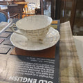 Vintage pearlescent china shell shaped tea cup & saucer, teaspoon ~ shell feet ~ pearlescent teacup, saucer ~ pearl glaze like Belleek