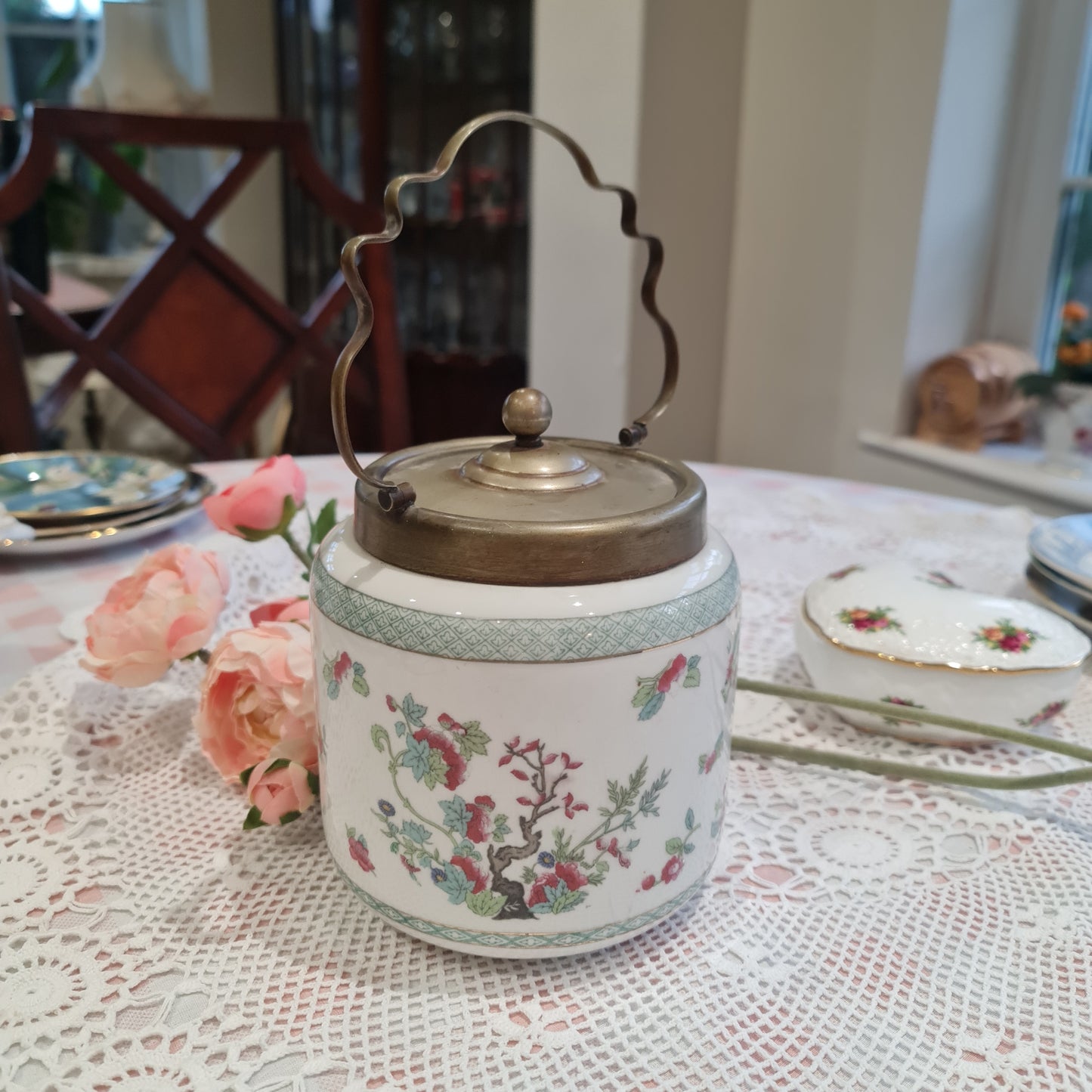 Rare 19th century biscuit barrel with Indian tree transfer print