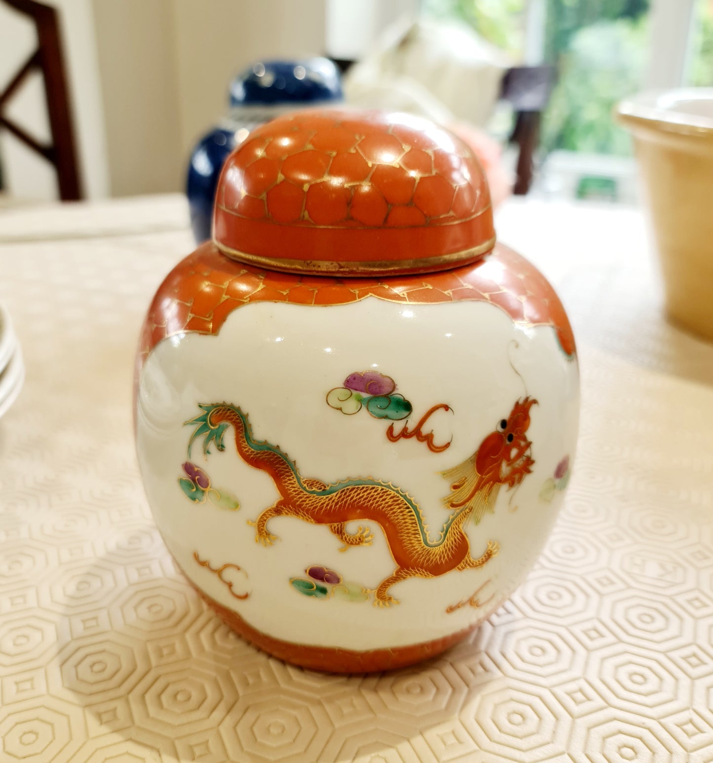 1910 Antique Dragon and Pheobnix handpainted ginger jar