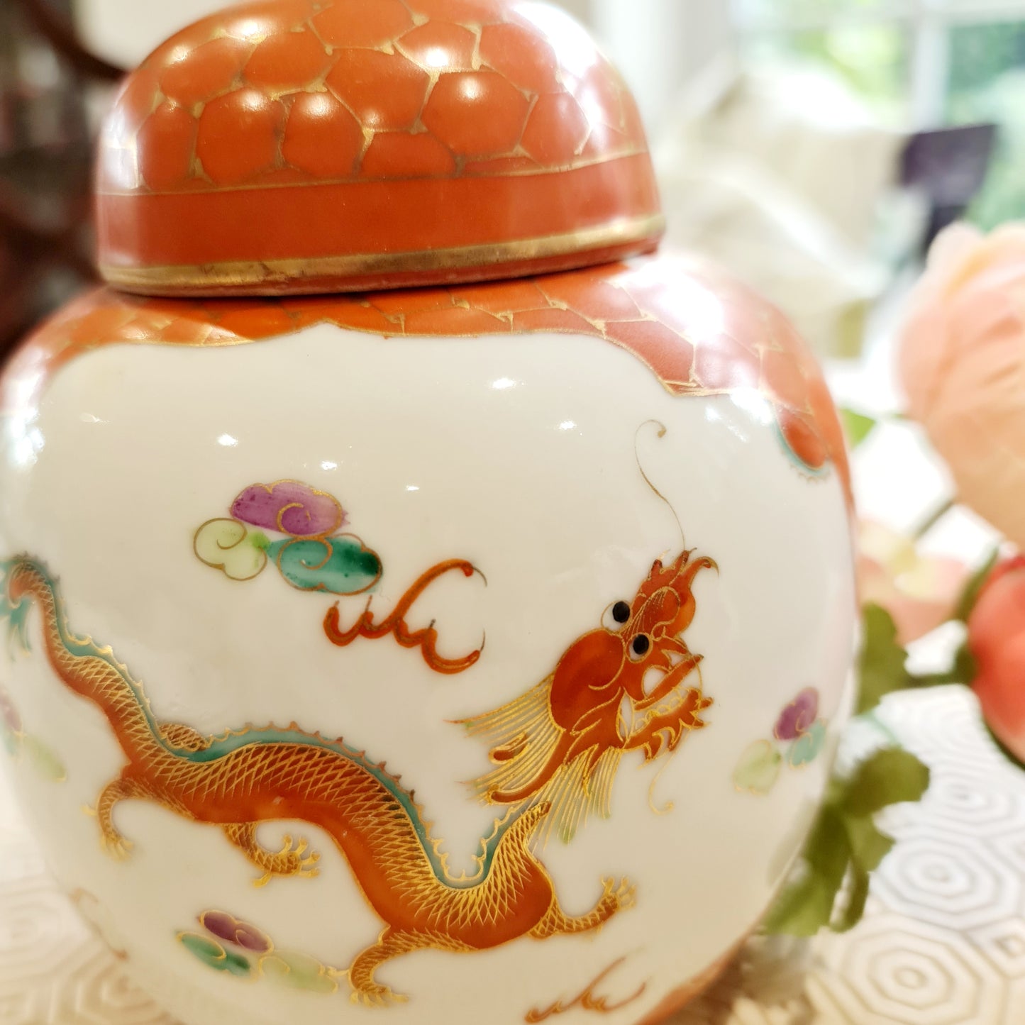 1910 Antique Dragon and Pheobnix handpainted ginger jar