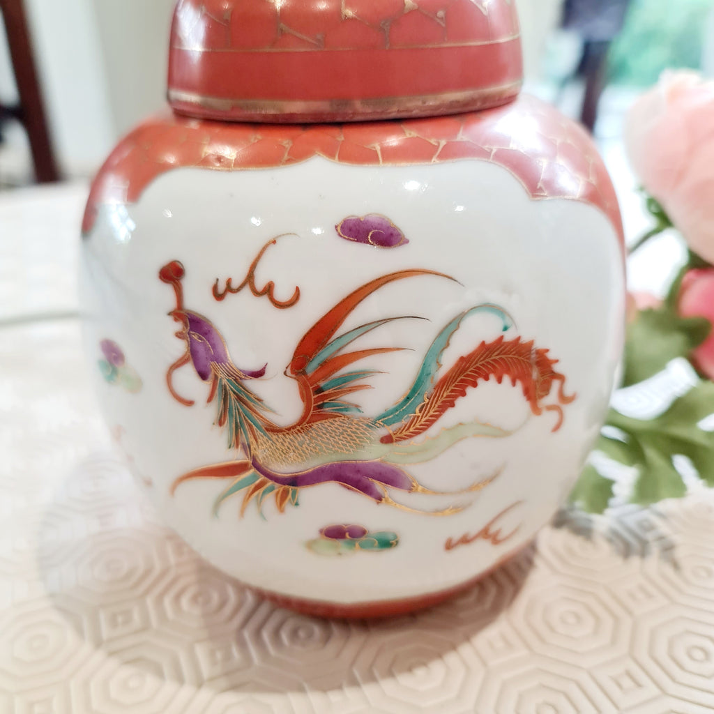 1910 Antique Dragon and Pheobnix handpainted ginger jar