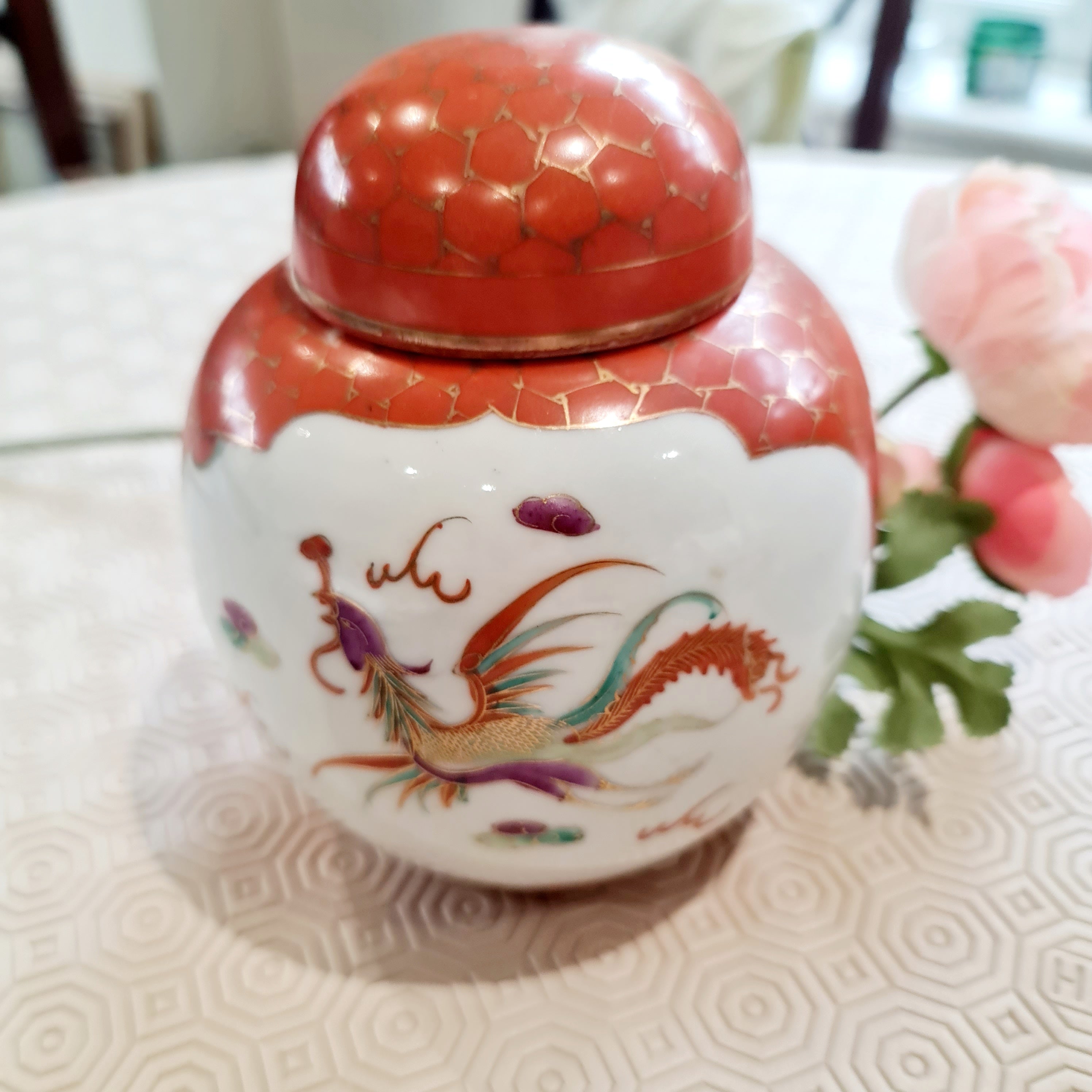 1910 Antique Dragon and Pheobnix handpainted ginger jar