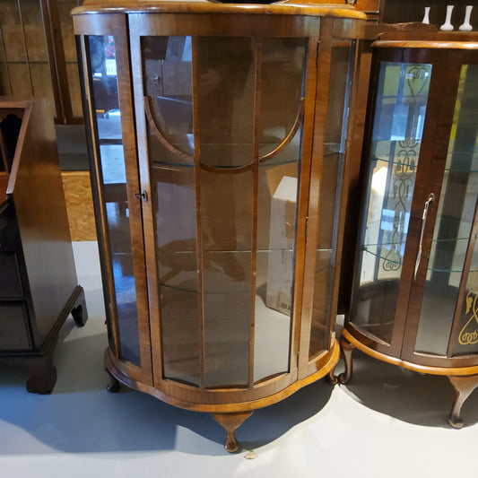 Vintage walnut single door curved display cabinet