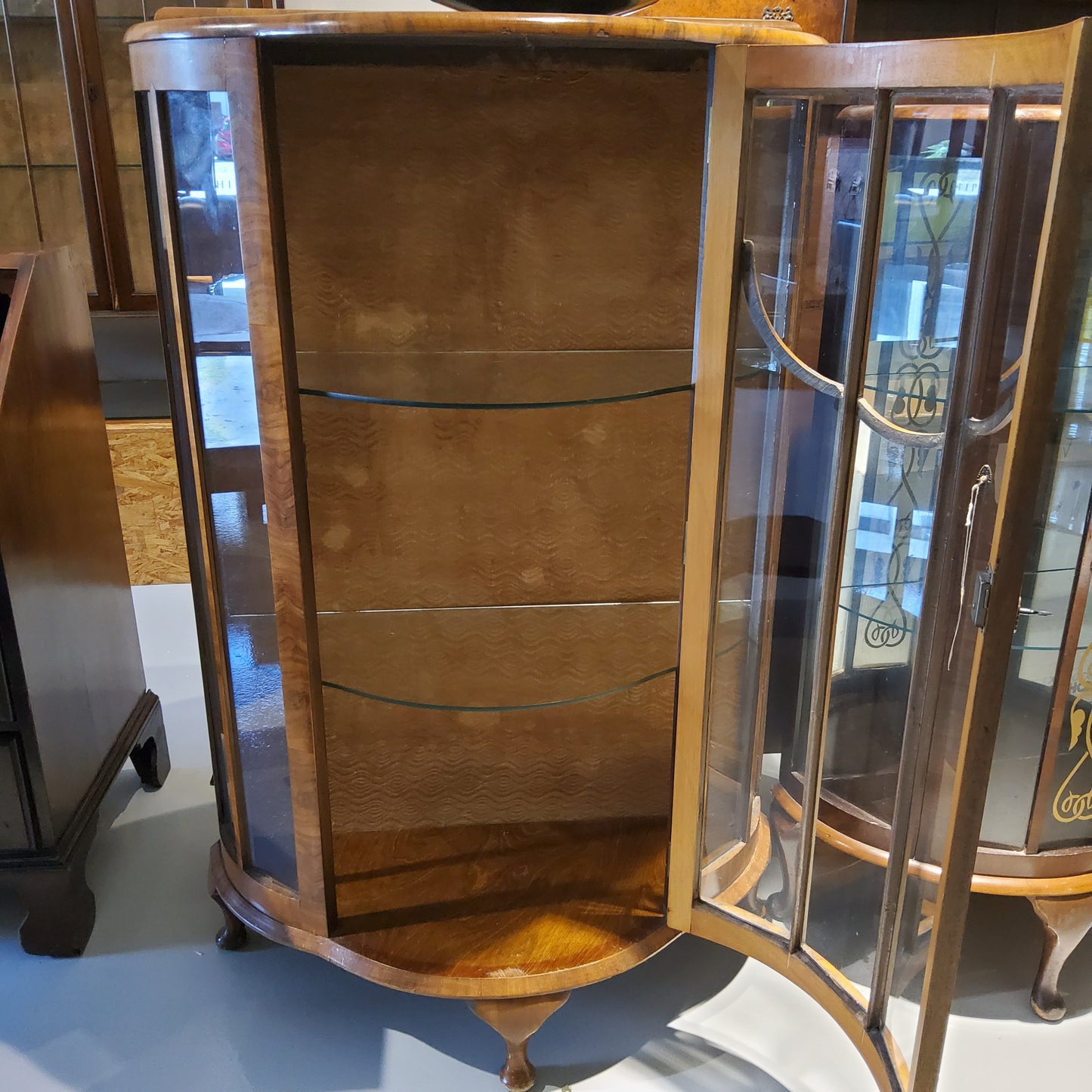 Vintage walnut single door curved display cabinet