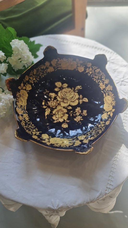 Haas and Czjzek True blue coblat big fruit bowl with 22k gold trim