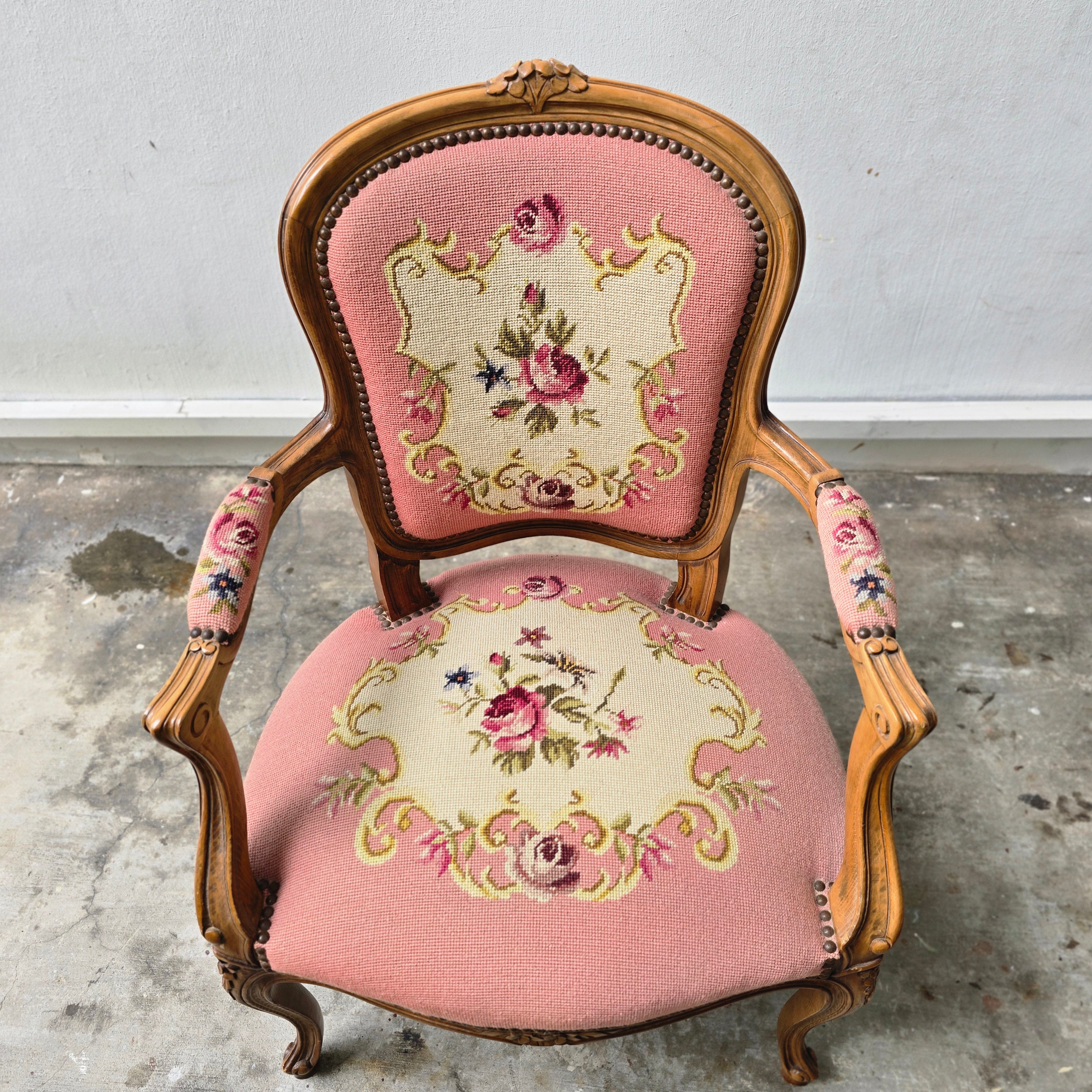 Stylish French Needlepoint Upholstered Armchair