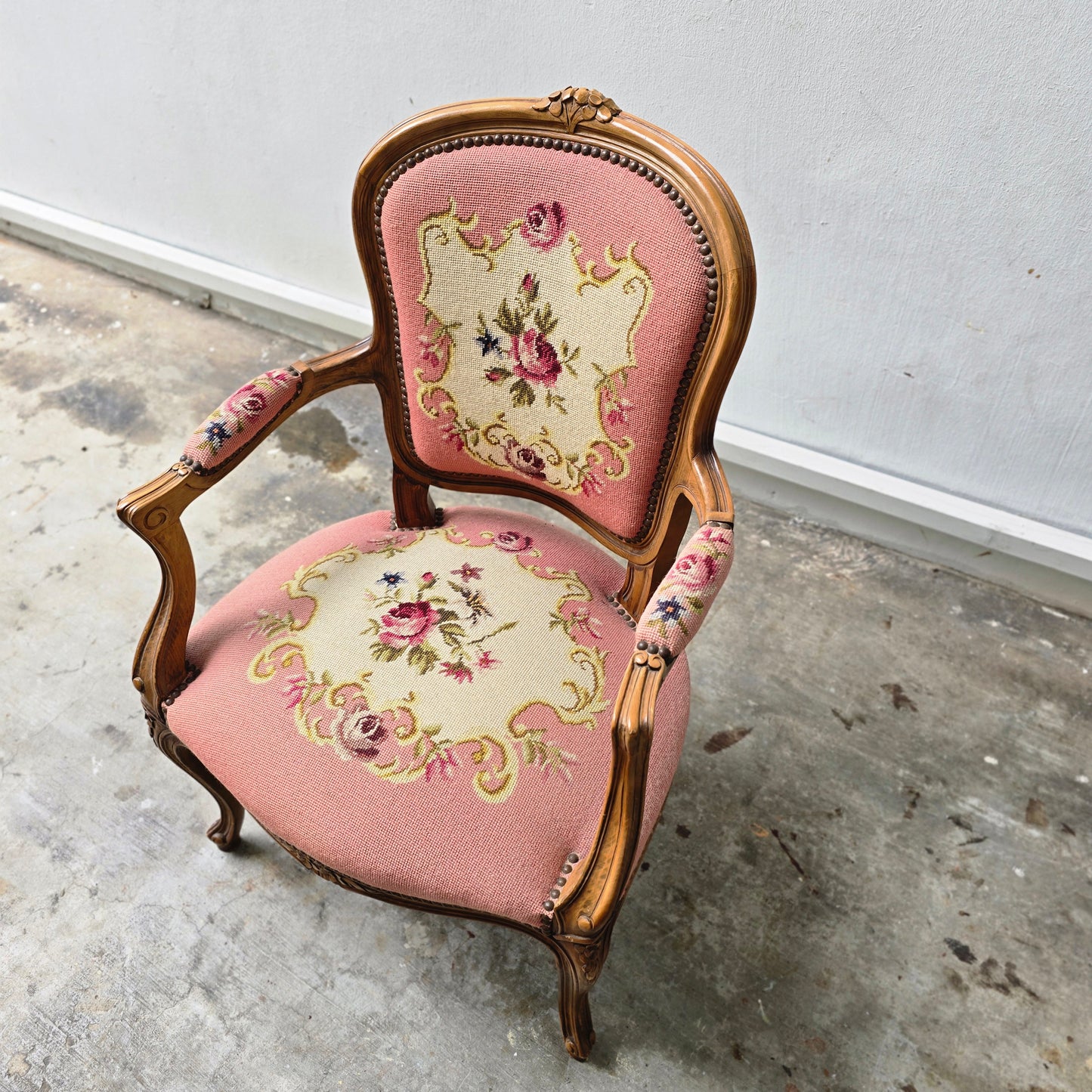 Stylish French Needlepoint Upholstered Armchair