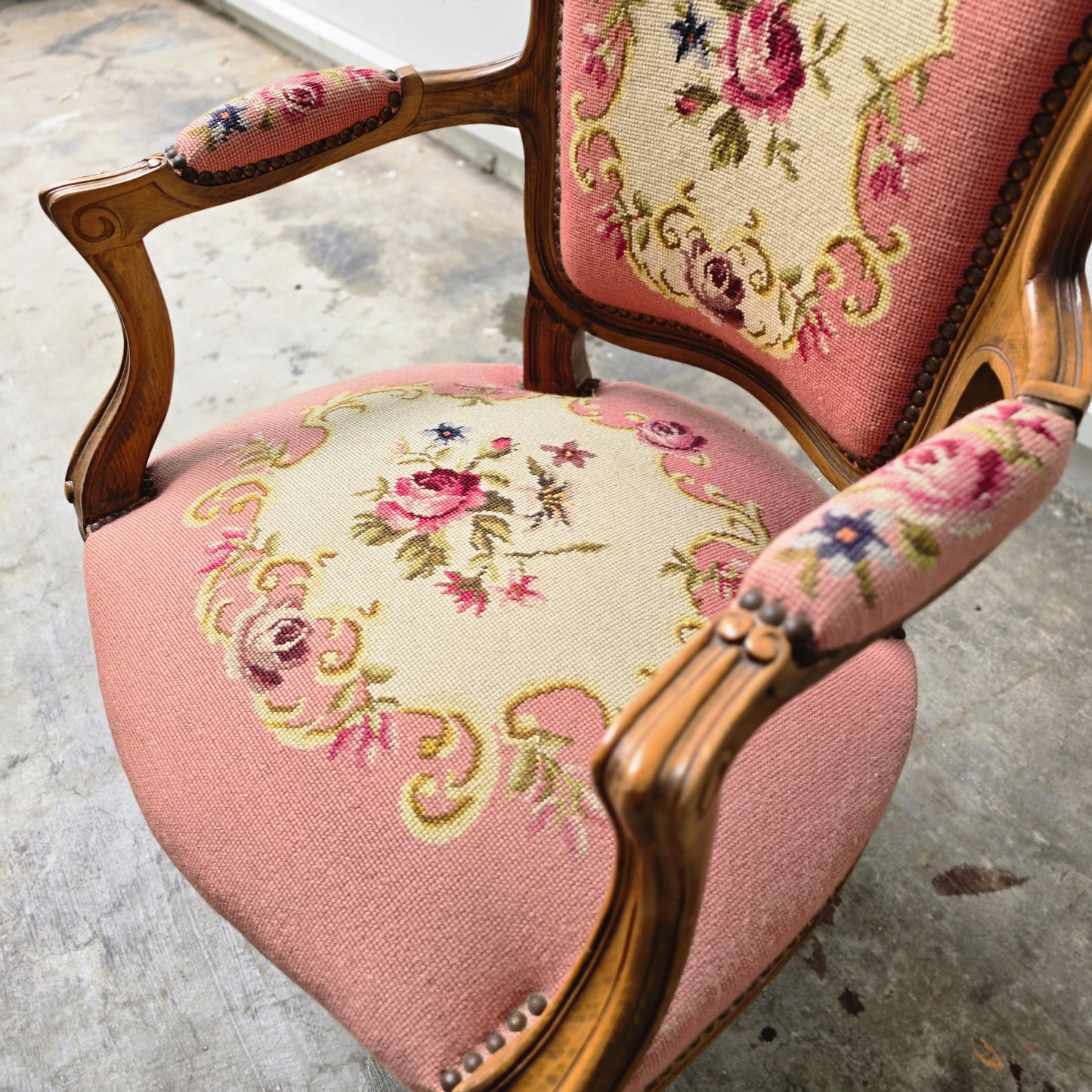 Stylish French Needlepoint Upholstered Armchair