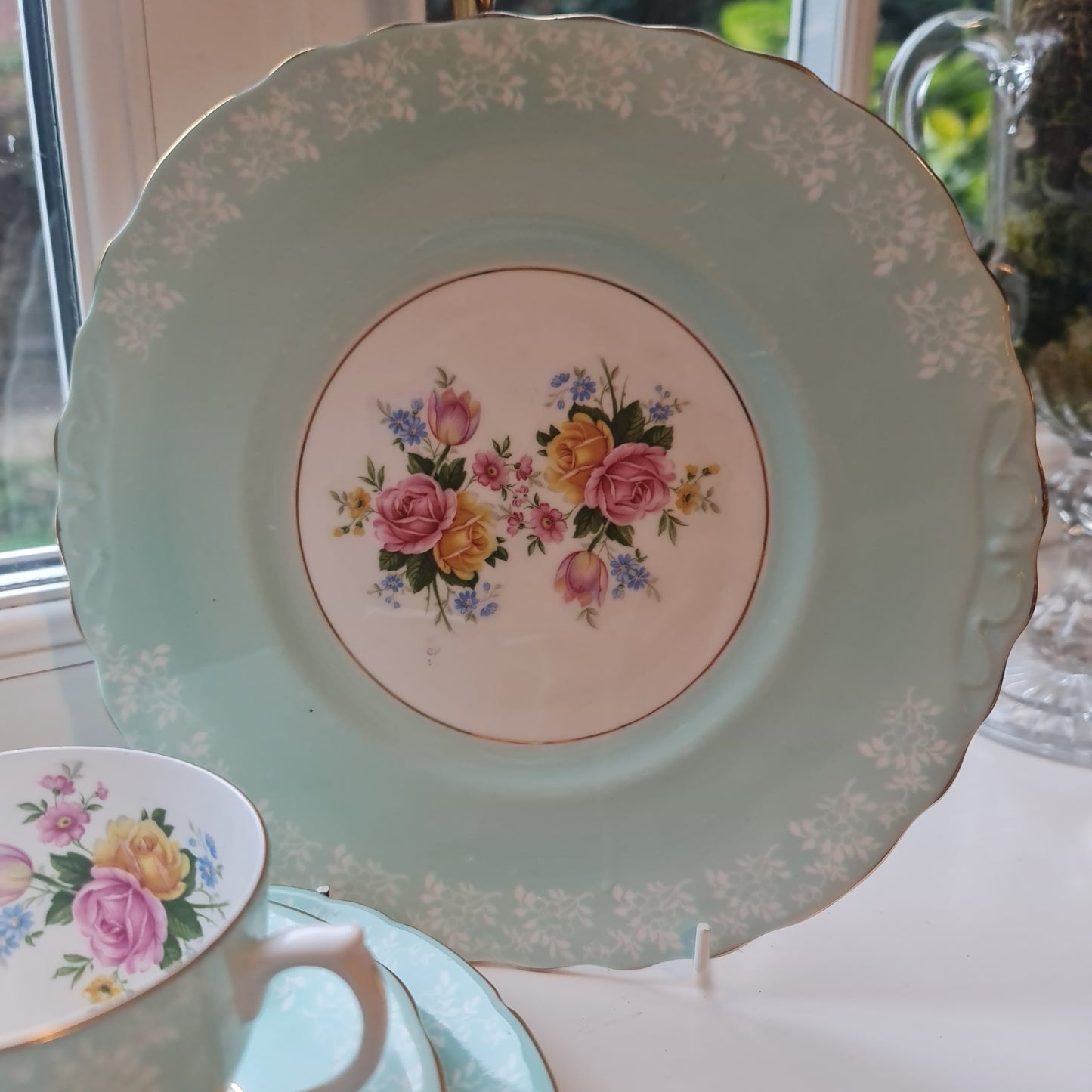 Vintage Dorcester fine bone china rose tea set / desert plate / big serving plate