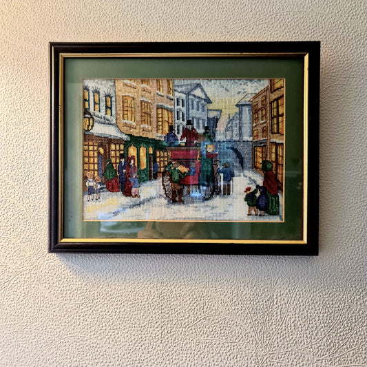 Vintage needle point wall art - vintage London Street scene