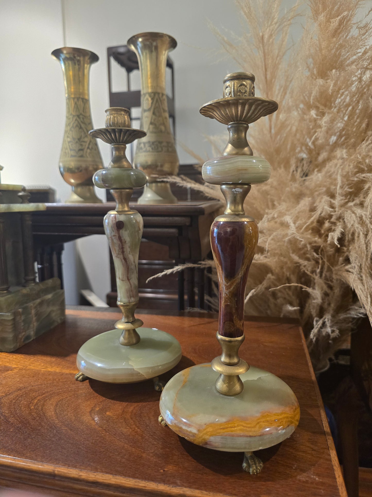 Pair of Green Onyx & Brass Candle Holders – Vintage Elegance