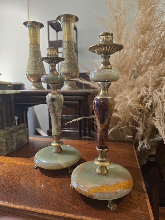 Pair of Green Onyx & Brass Candle Holders – Vintage Elegance