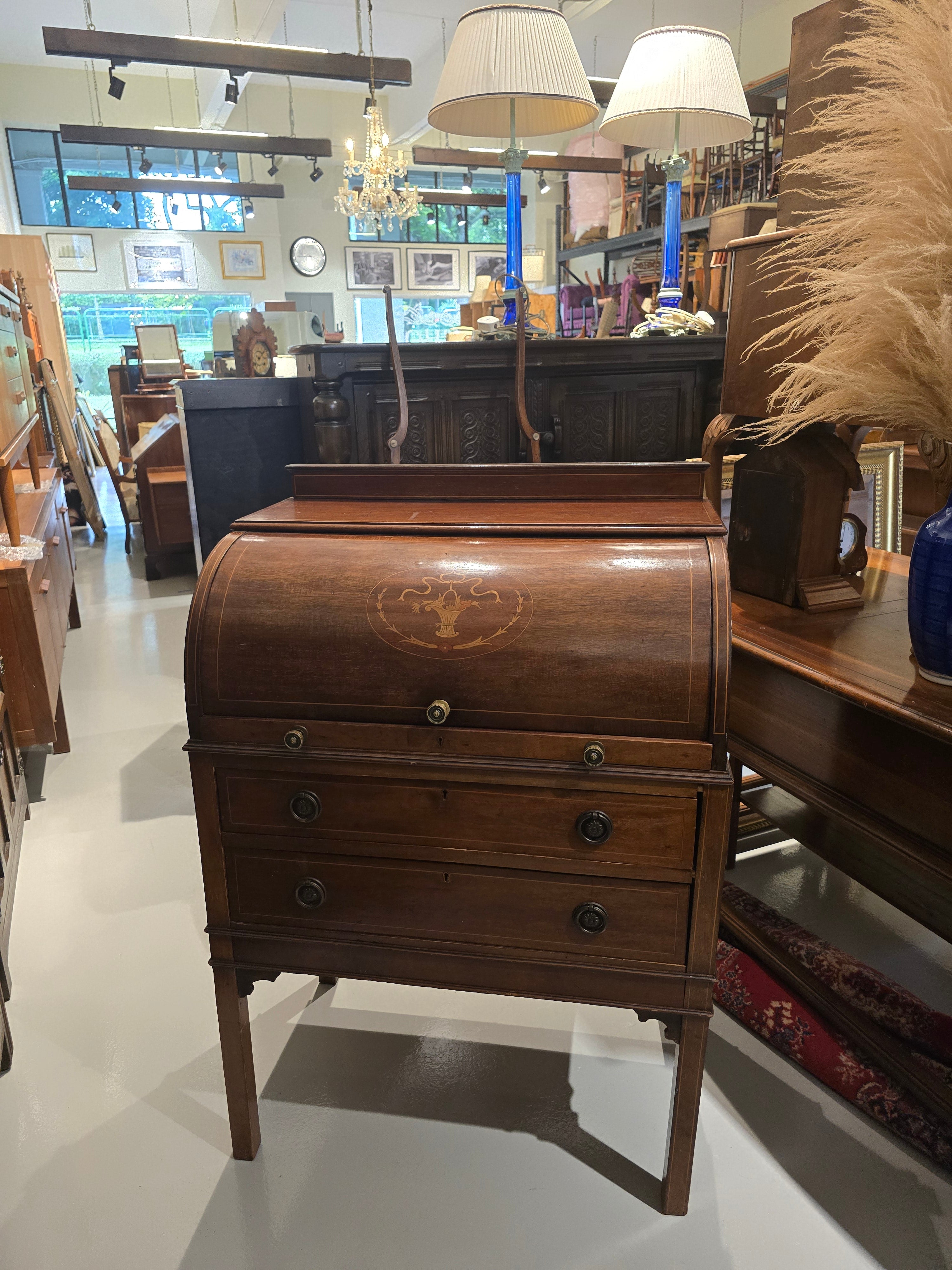 Antique IRISH Mahogany Marquetry Writing Desk/ Bureau By M&W Jackson – Circa 1902