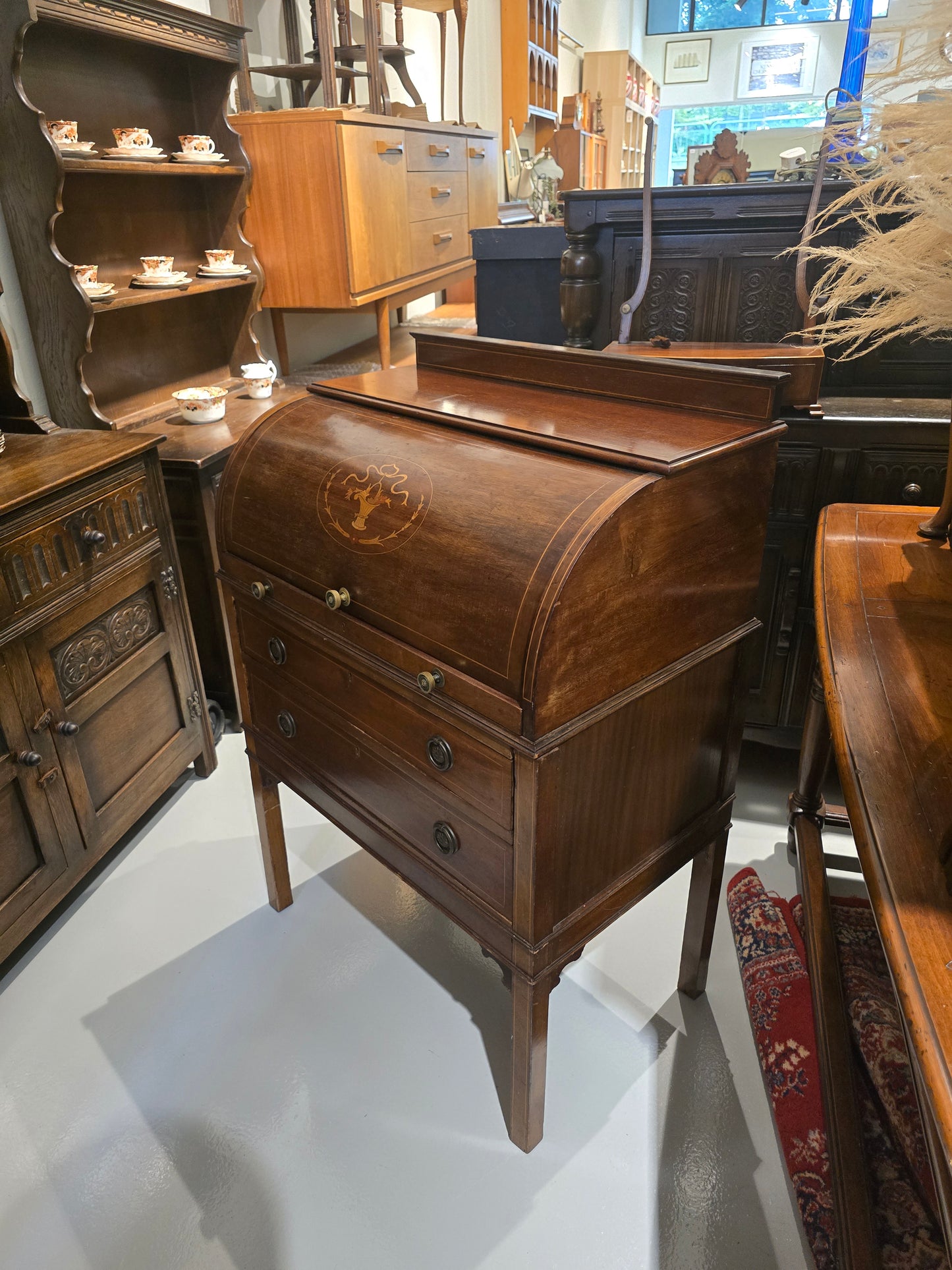 Antique IRIS Mahogany Marquetry Writing Desk/ Bureau By M&W Jackson – Circa 1902