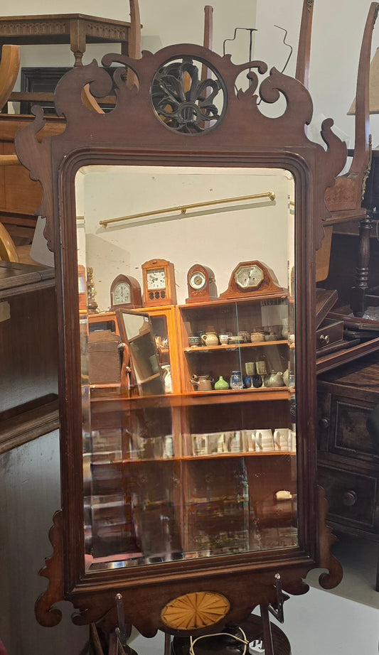 A 19th century mahogany fret mirror with Inlaid shell patera