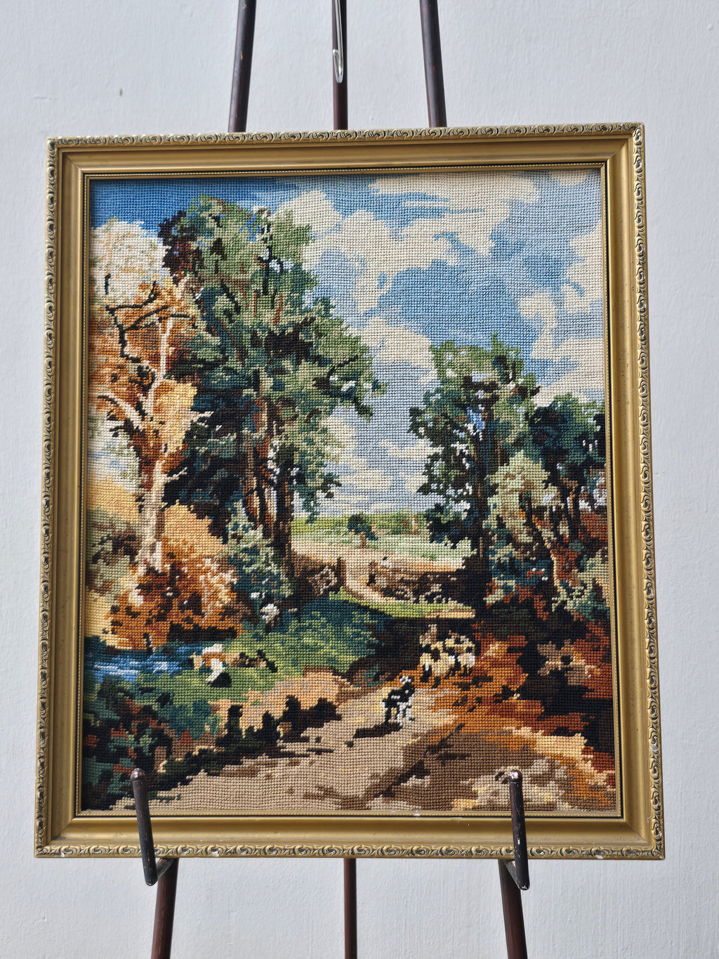 Vintage beautiful Needlepoint art work of traveller in the wood