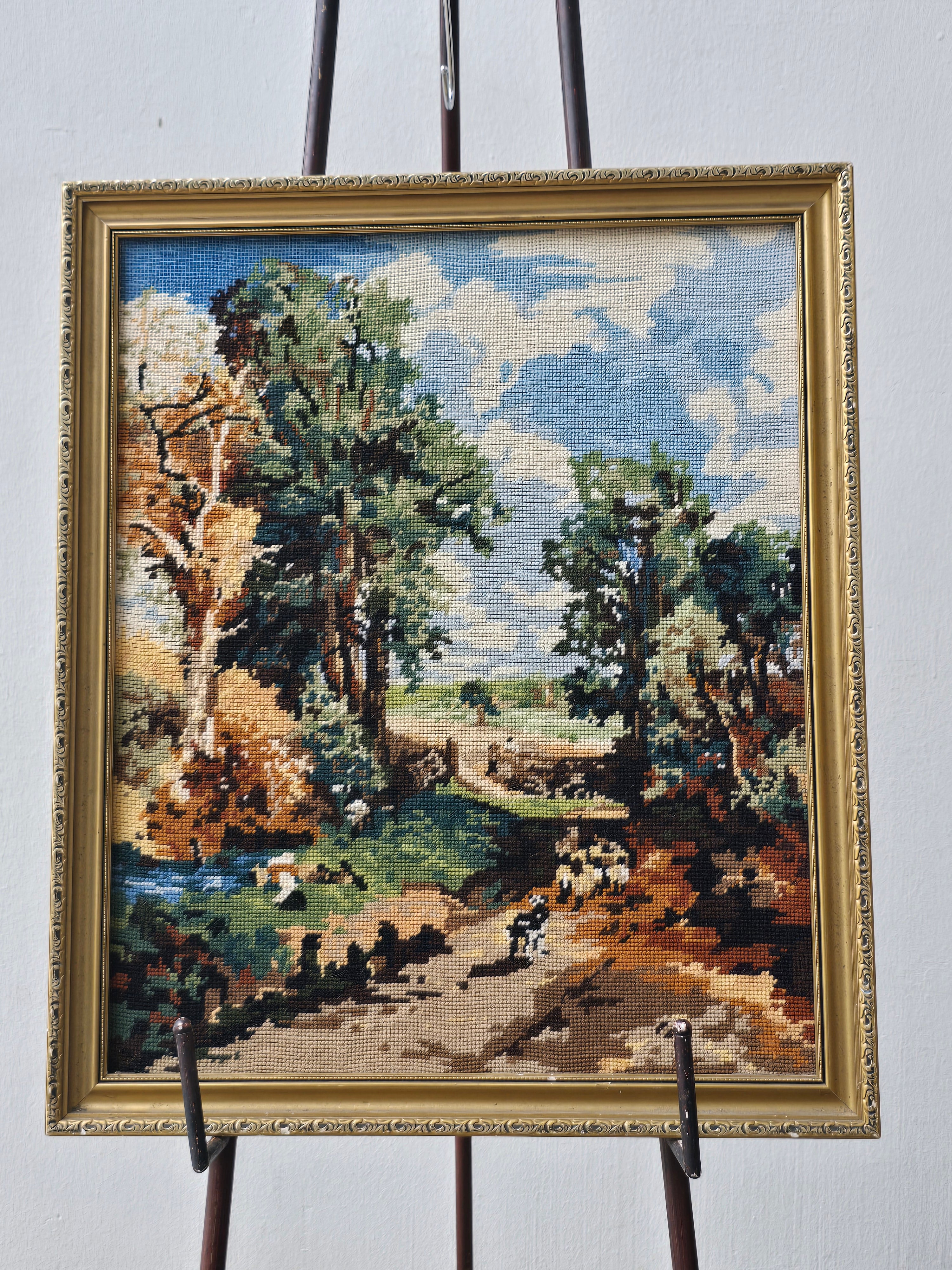 Vintage beautiful Needlepoint art work of traveller in the wood