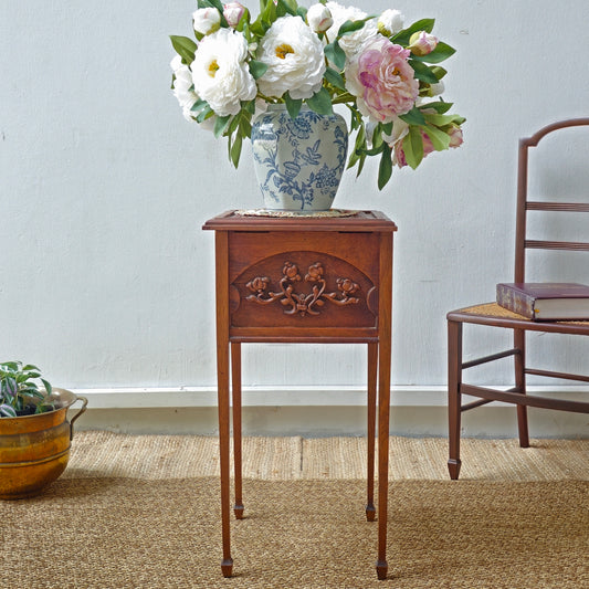 Antique hand carved side table /sewing box with floral motif