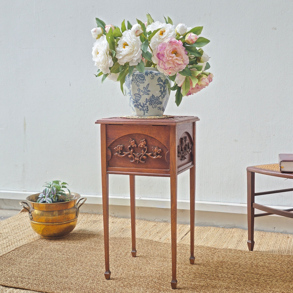 Antique hand carved side table /sewing box with floral motif