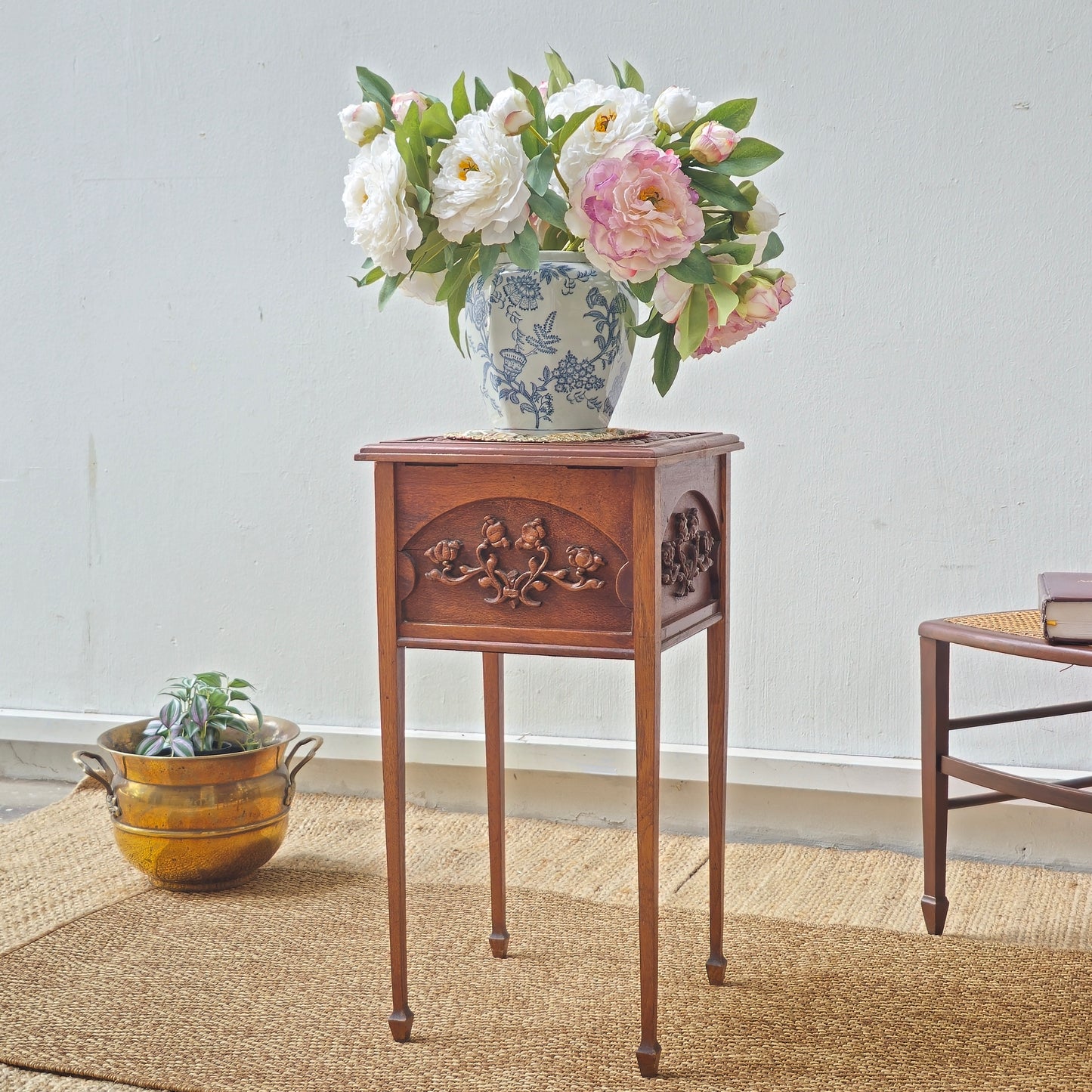Antique hand carved side table /sewing box with floral motif