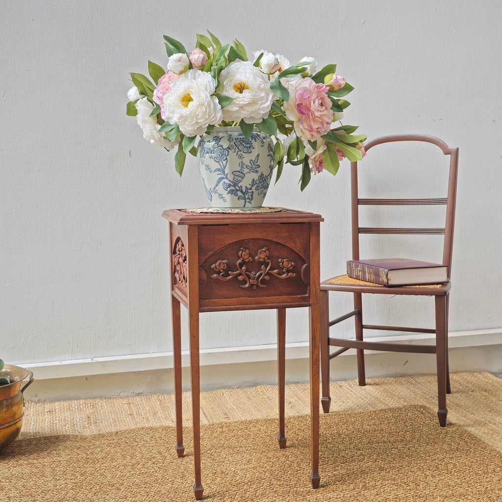 Antique hand carved side table /sewing box with floral motif