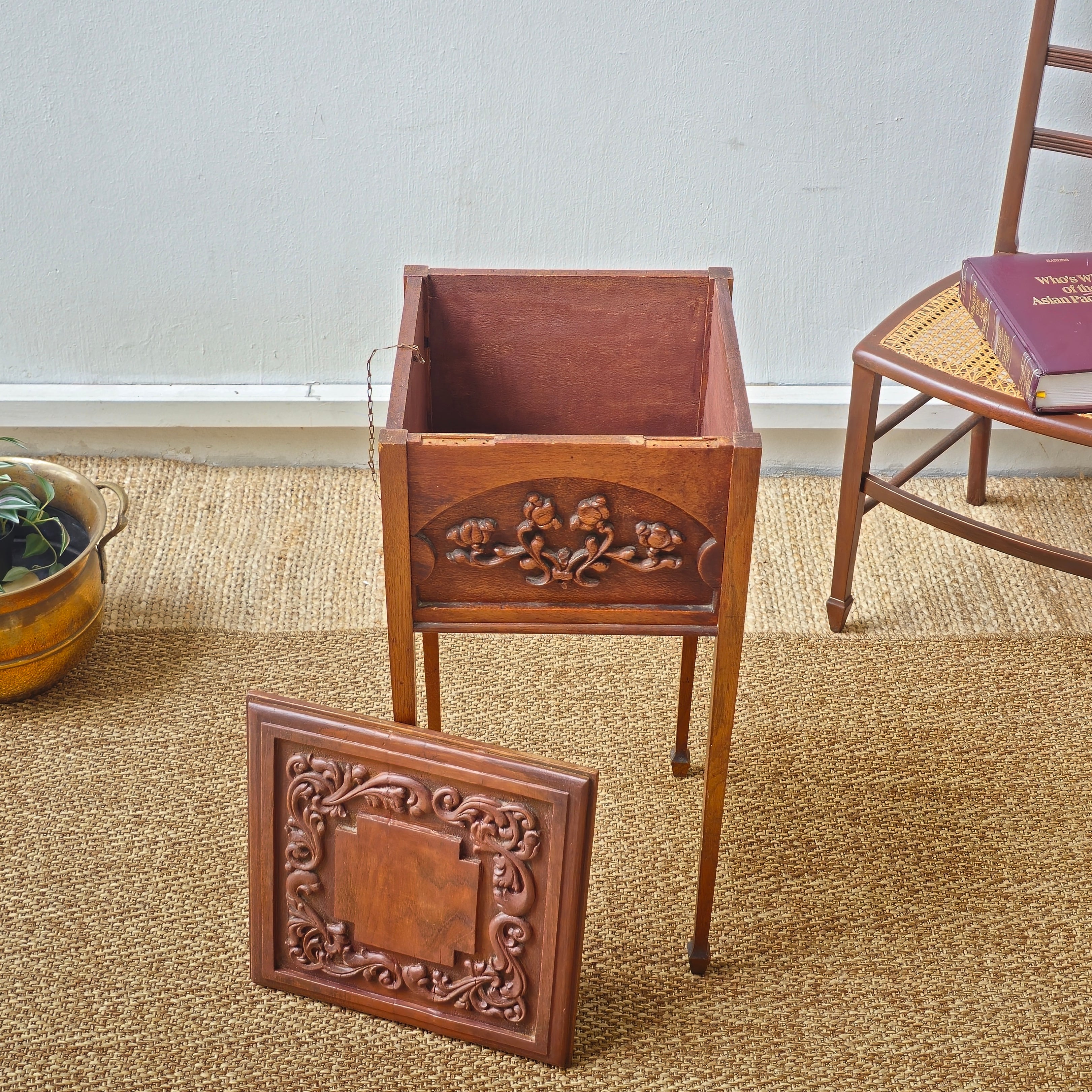 Antique hand carved side table /sewing box with floral motif