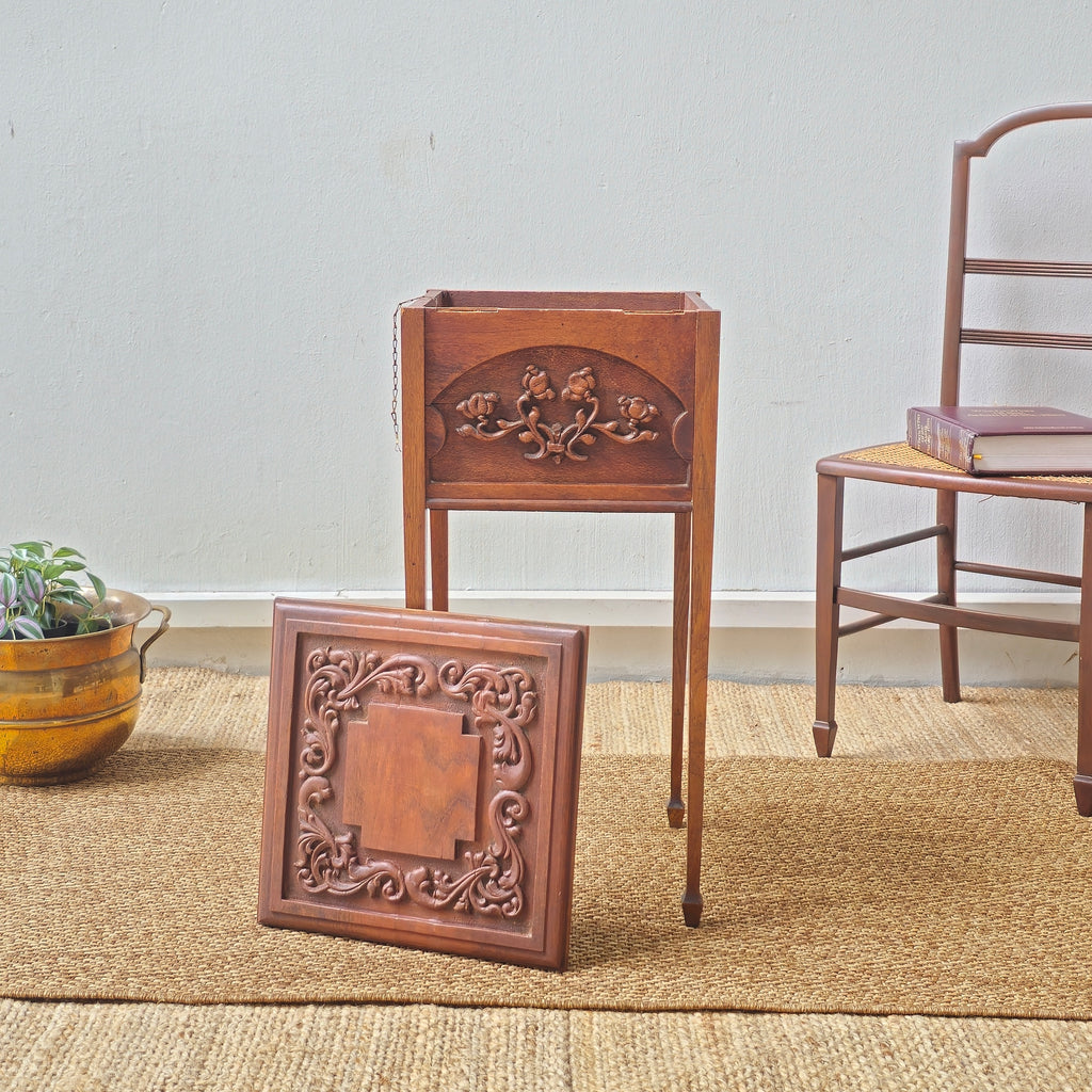 Antique hand carved side table /sewing box with floral motif