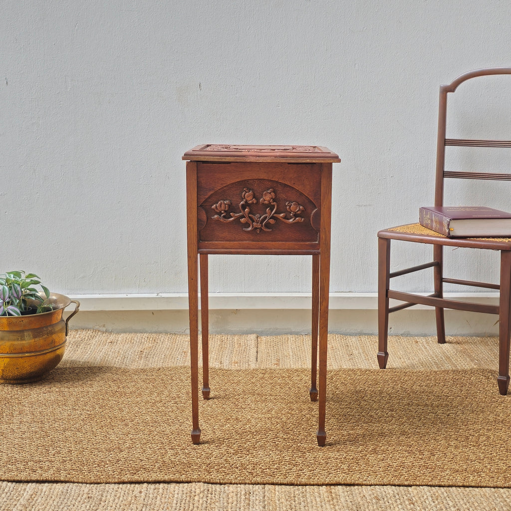 Antique hand carved side table /sewing box with floral motif