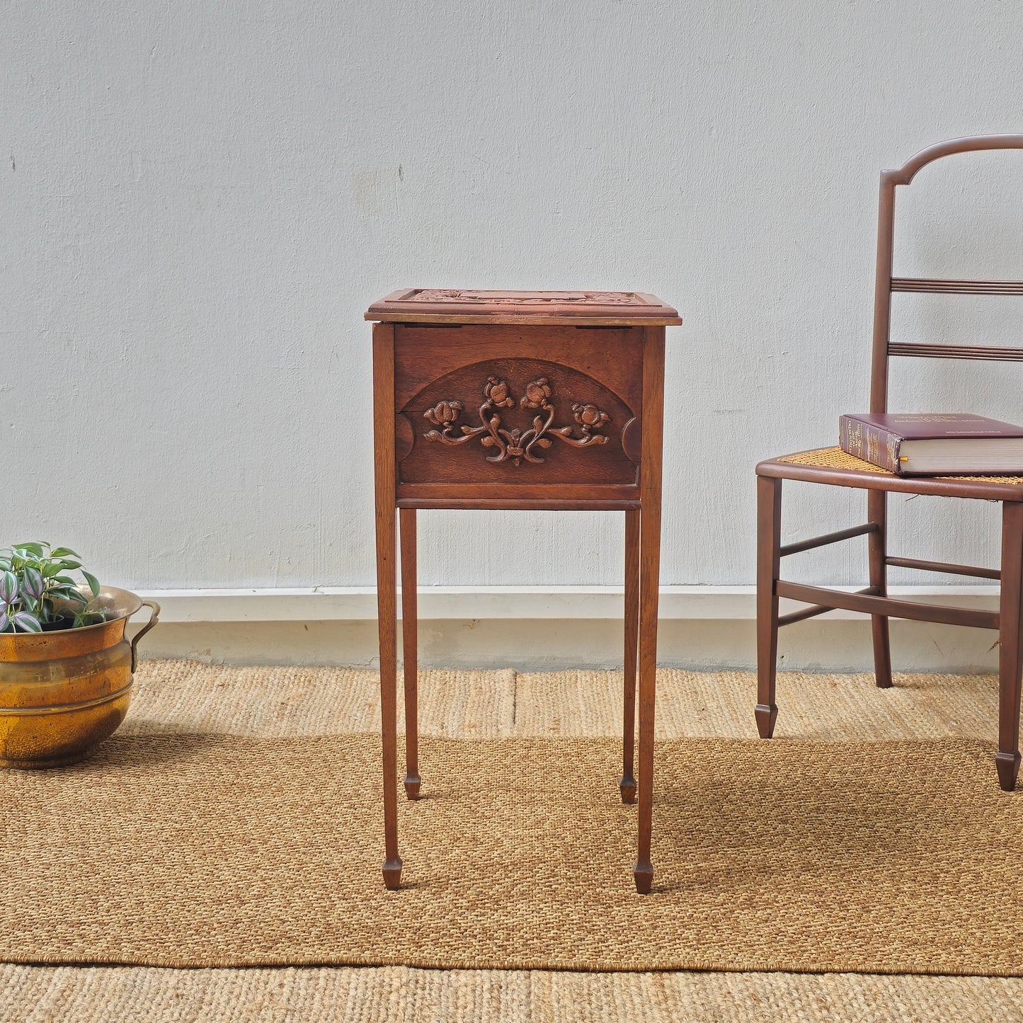 Antique hand carved side table /sewing box with floral motif