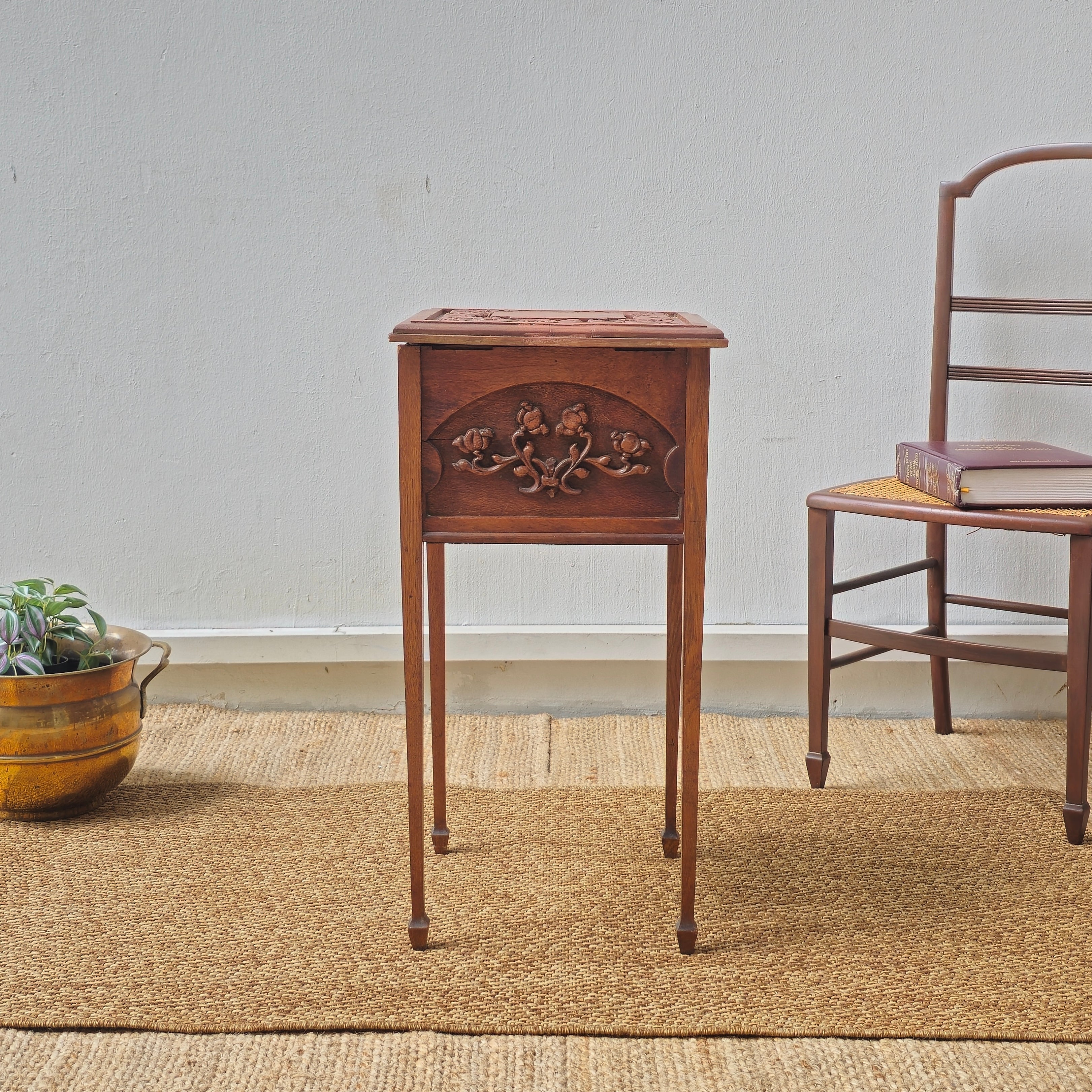 Antique hand carved side table /sewing box with floral motif
