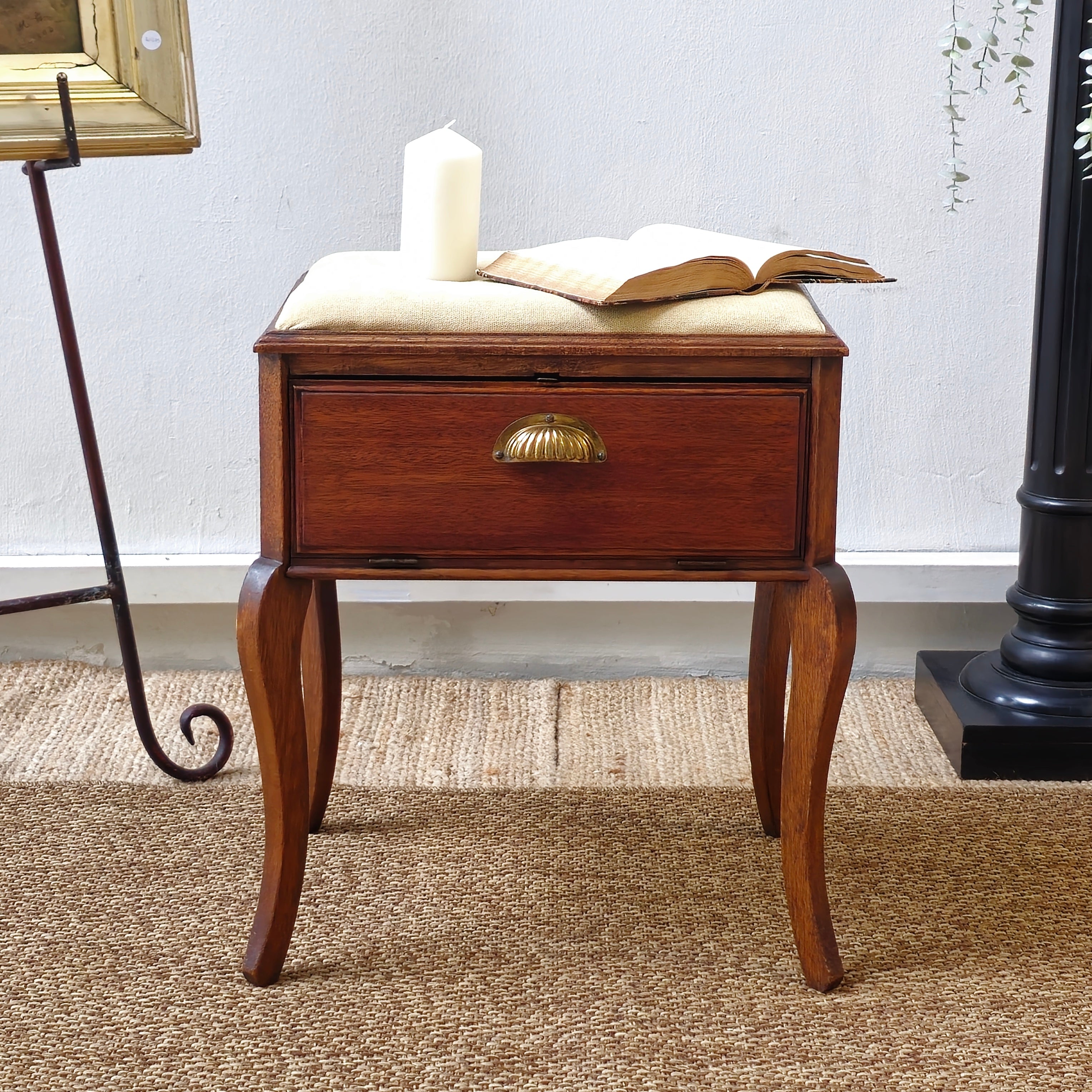 Antique Upholstered Piano Style Stool With Storage
