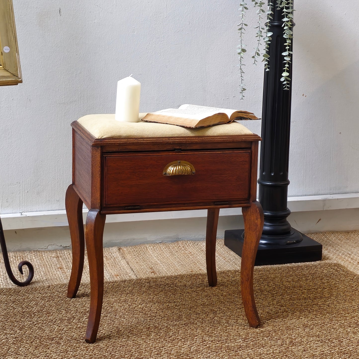 Antique Upholstered Piano Style Stool With Storage