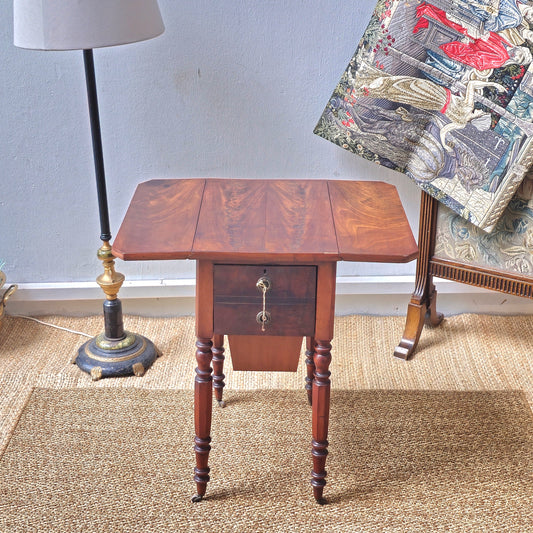 19th Century mahogany drop flap work table / sewing table with slide bag drawer