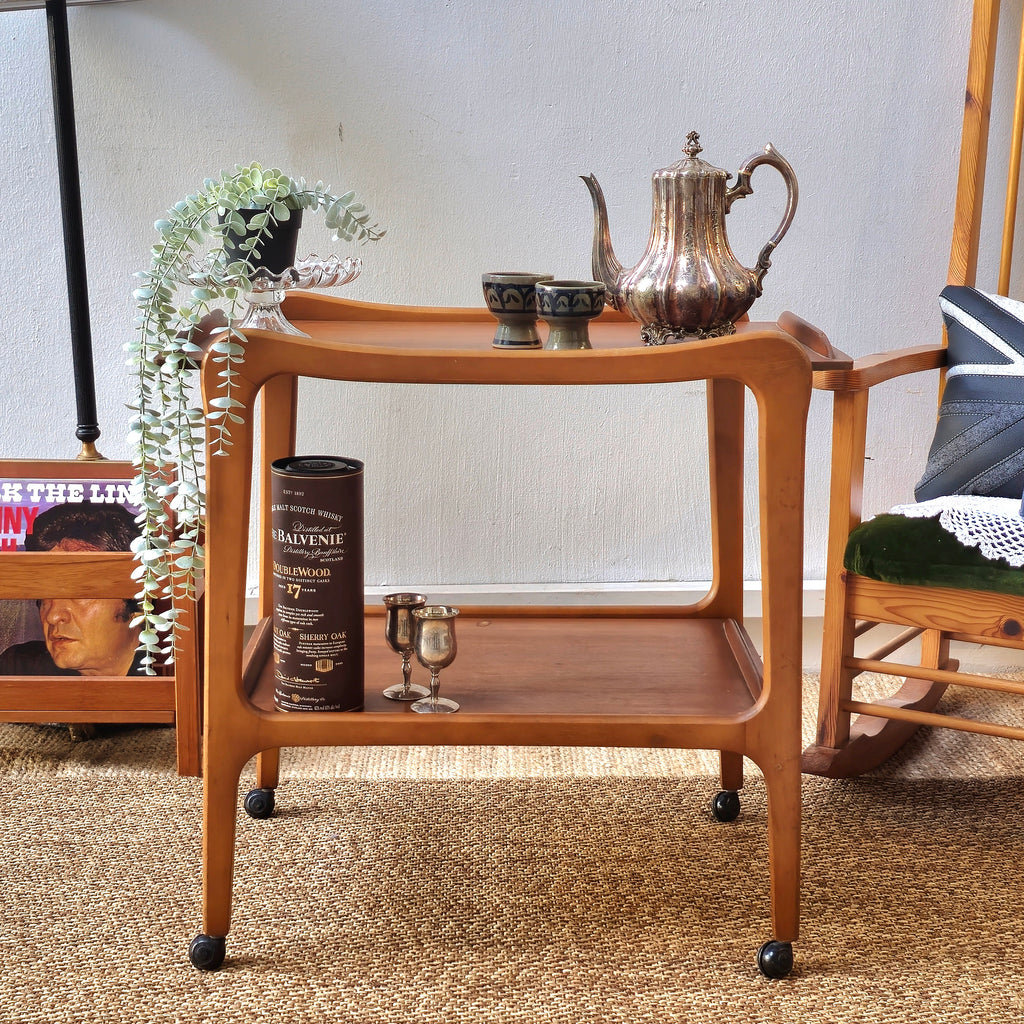 Vintage Mid Century Wooden Serving Cart with Dual Shelves and Wheels