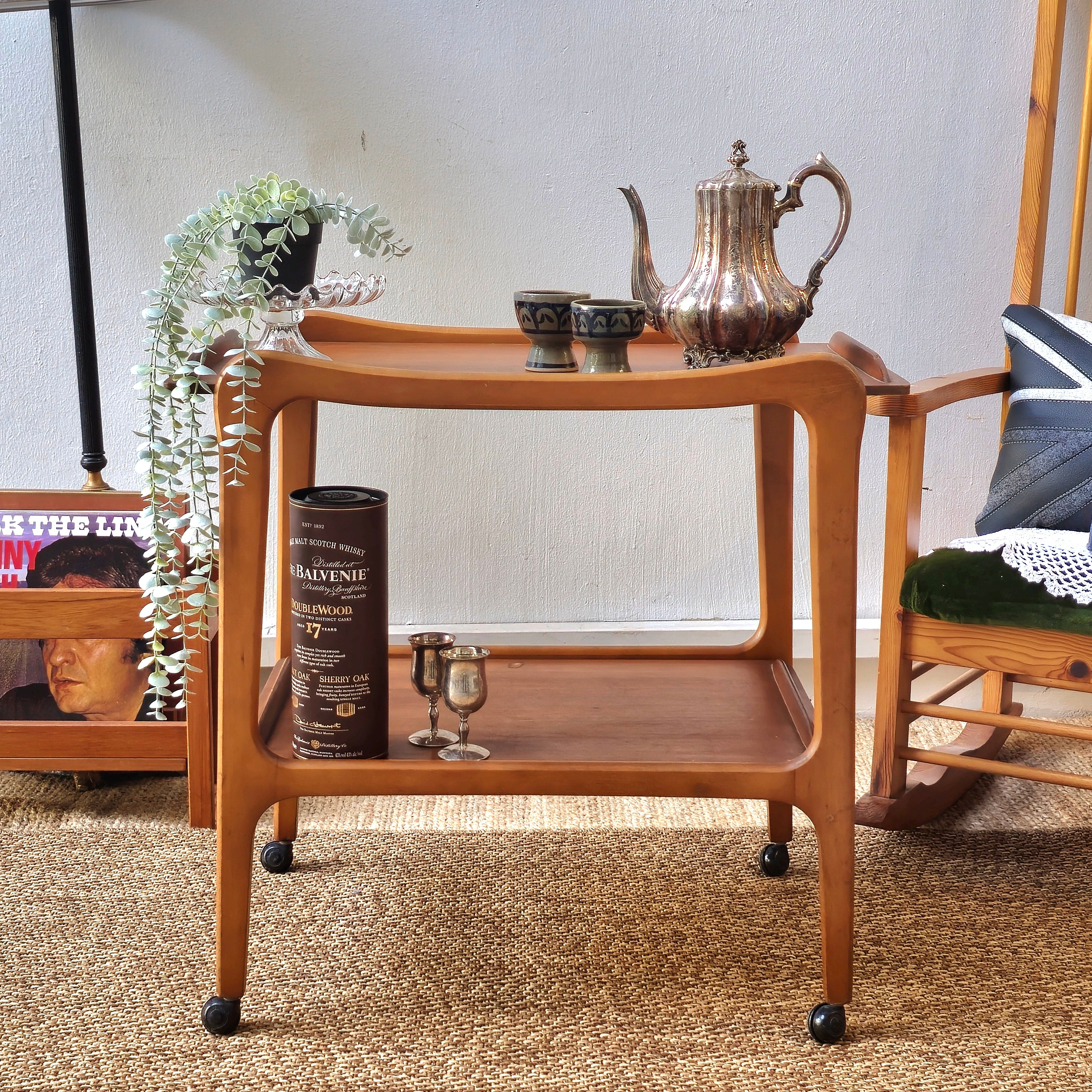 Vintage Mid Century Wooden Serving Cart with Dual Shelves and Wheels