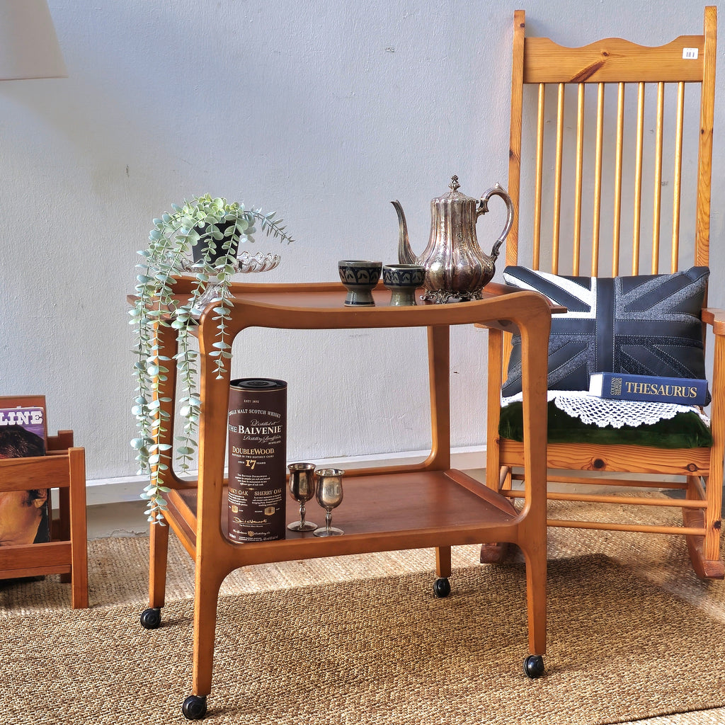 Vintage Mid Century Wooden Serving Cart with Dual Shelves and Wheels