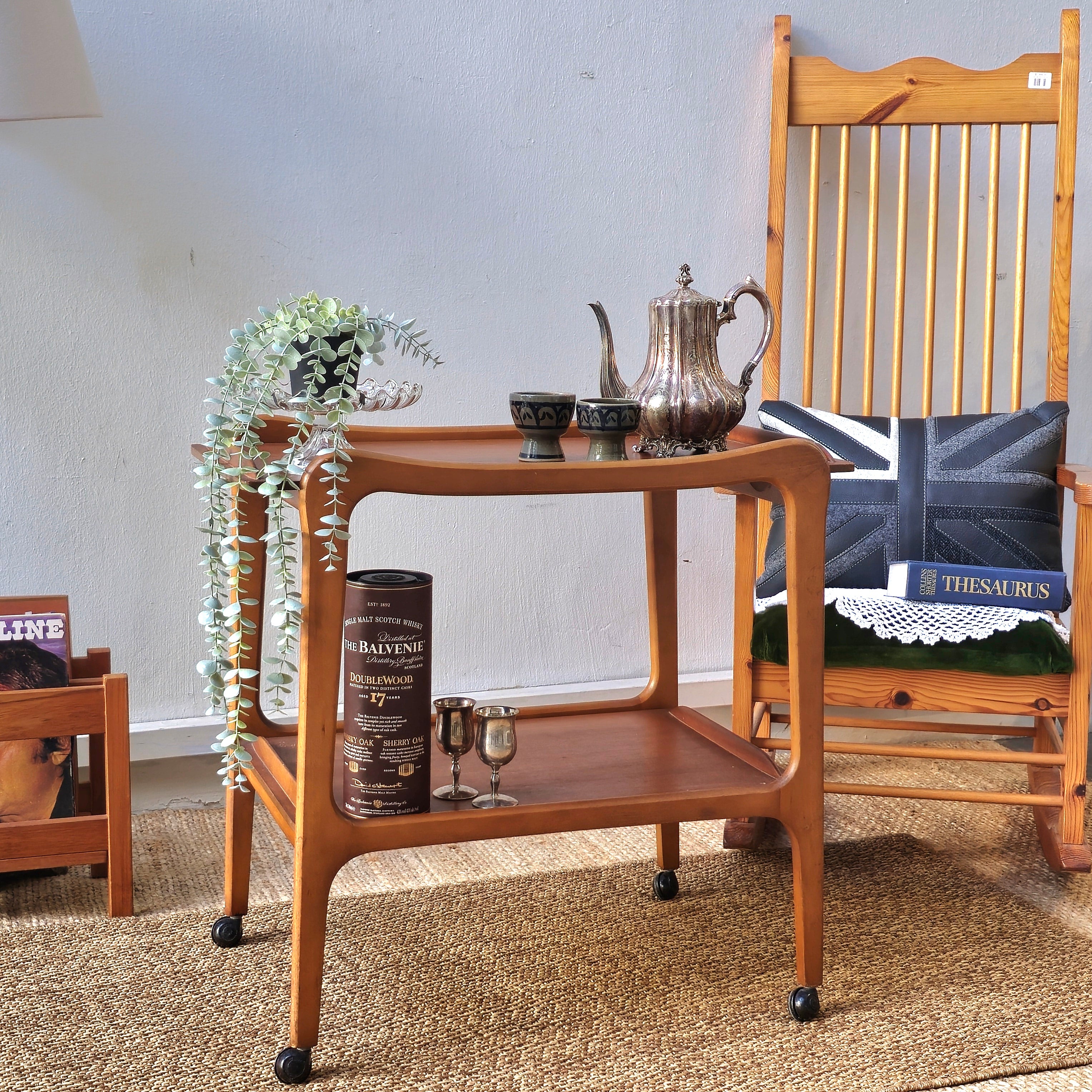 Vintage Mid Century Wooden Serving Cart with Dual Shelves and Wheels