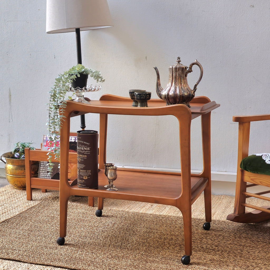 Vintage Mid Century Wooden Serving Cart with Dual Shelves and Wheels