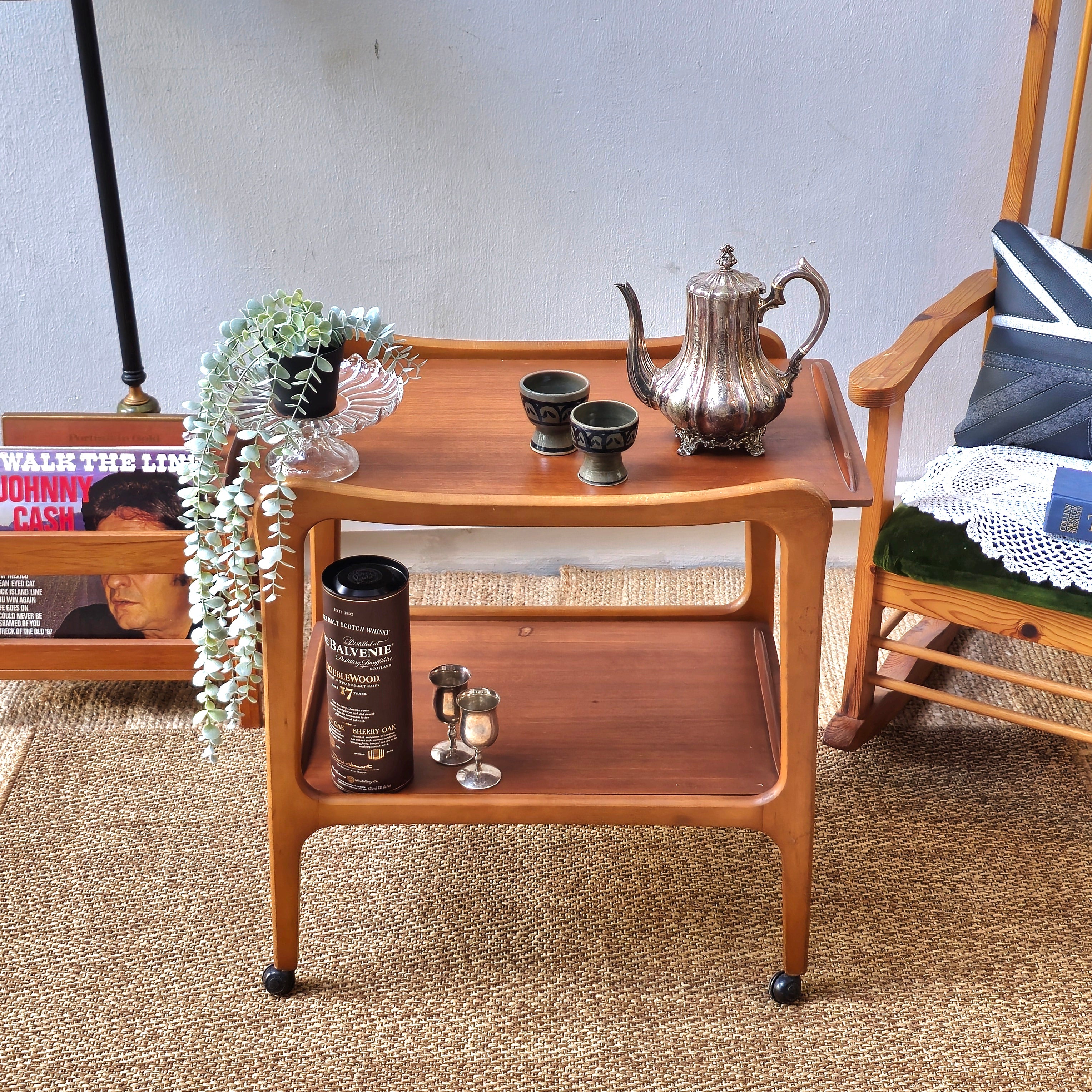 Vintage Mid Century Wooden Serving Cart with Dual Shelves and Wheels