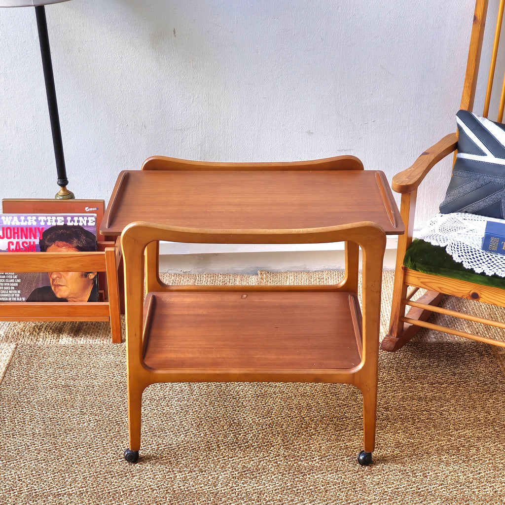 Vintage Mid Century Wooden Serving Cart with Dual Shelves and Wheels