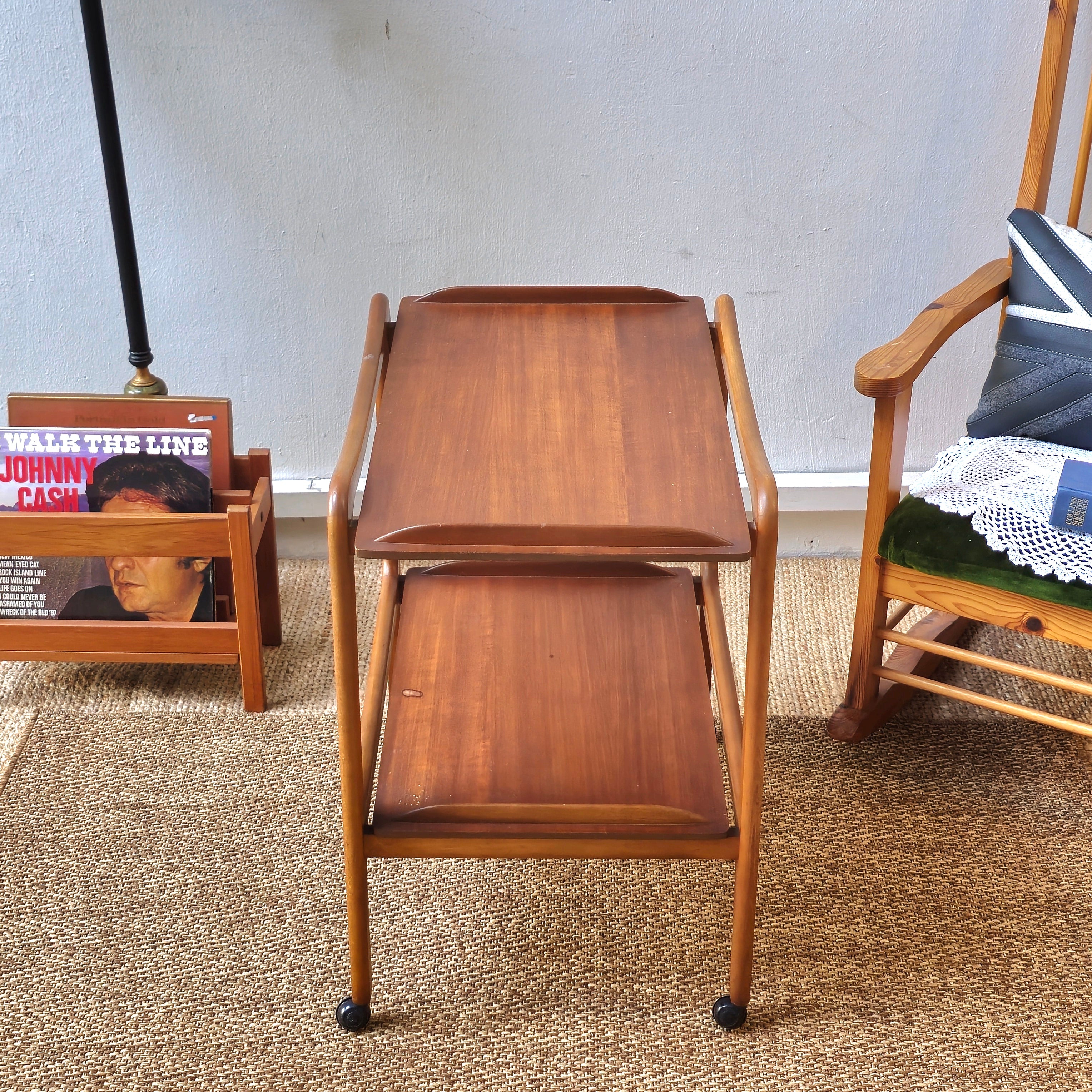 Vintage Mid Century Wooden Serving Cart with Dual Shelves and Wheels
