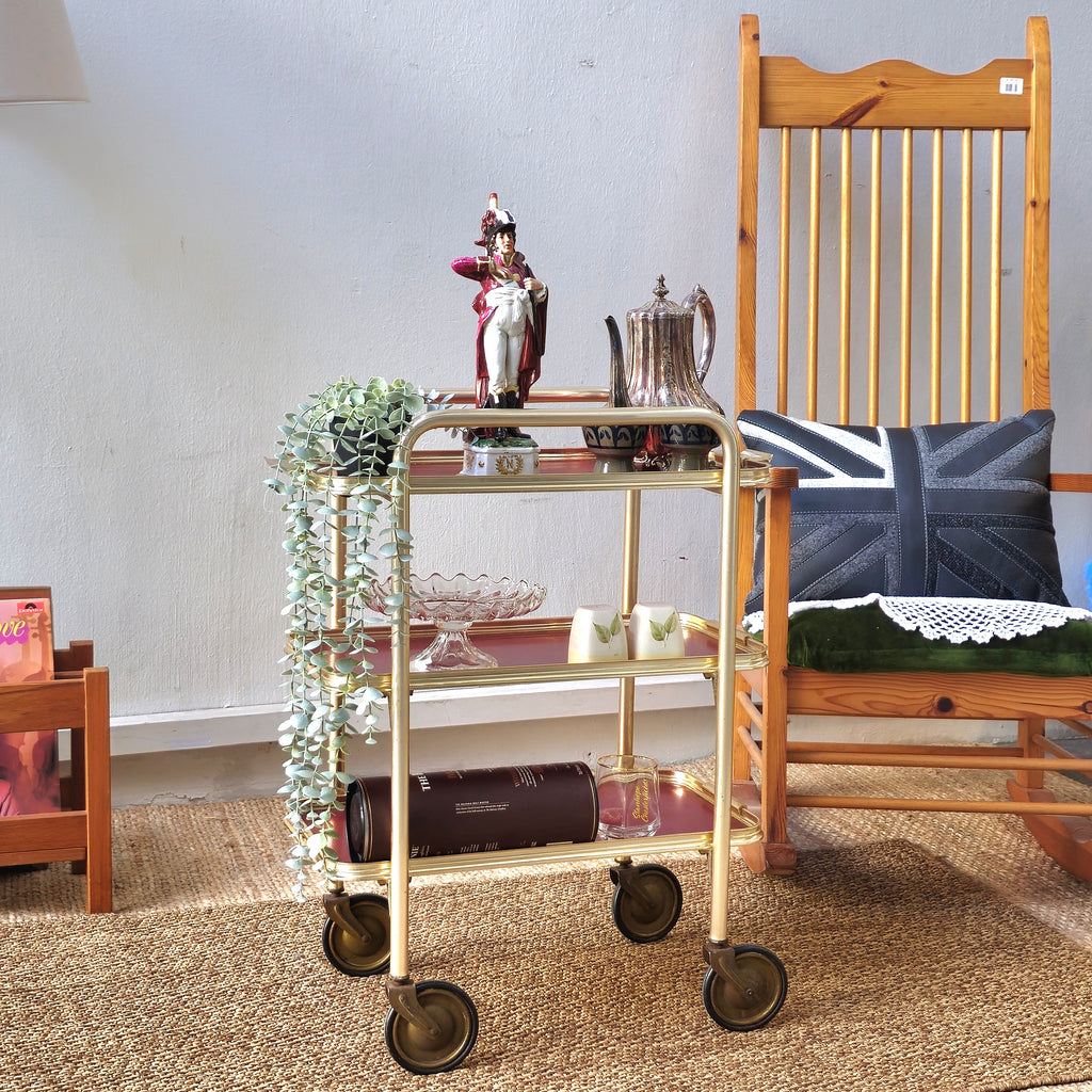 Vintage Mid-Century 3-Tier Hollywood Regency Trolley – Brass & Burgundy Bar Cart (Circa 1950s/60s)