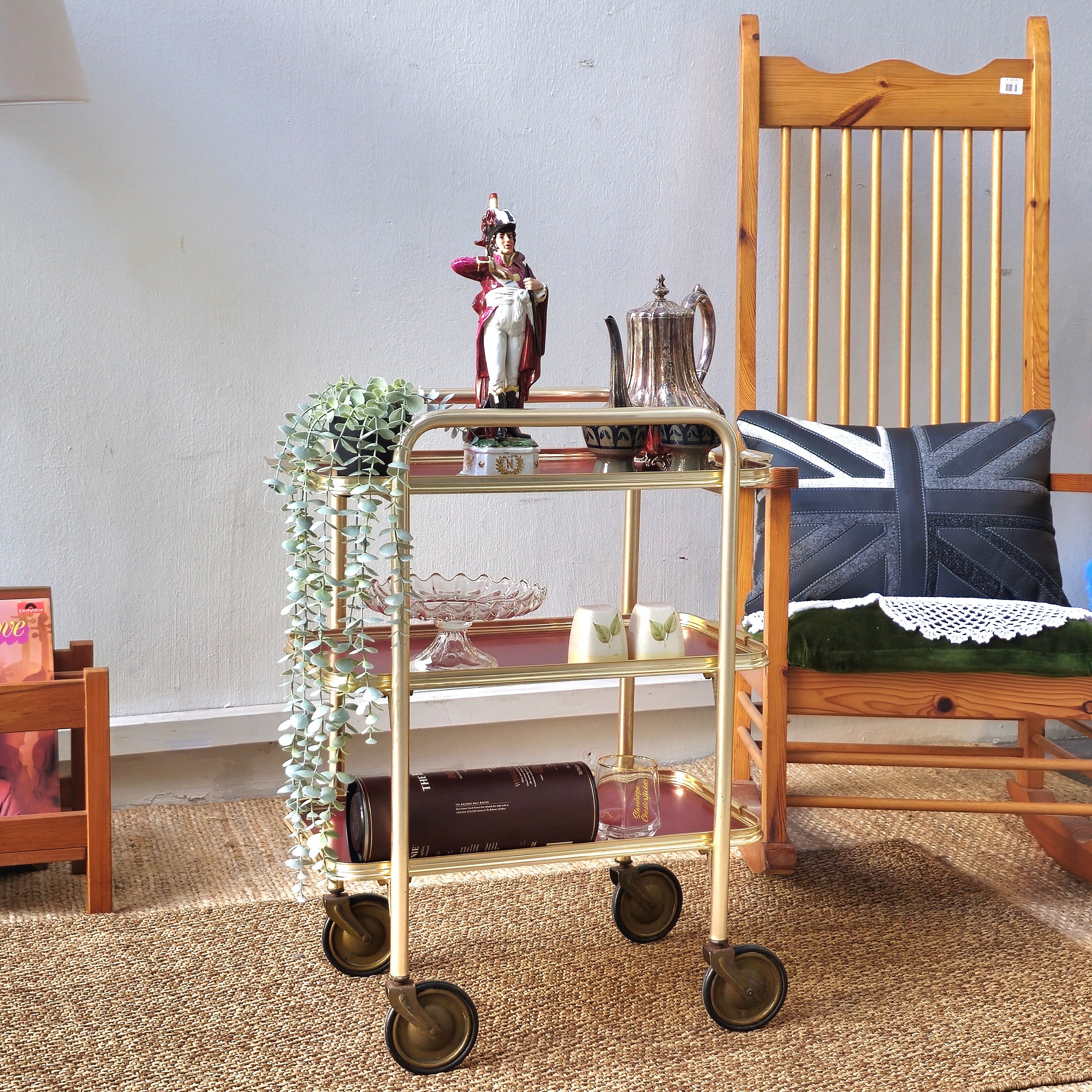 Vintage Mid-Century 3-Tier Hollywood Regency Trolley – Brass & Burgundy Bar Cart (Circa 1950s/60s)