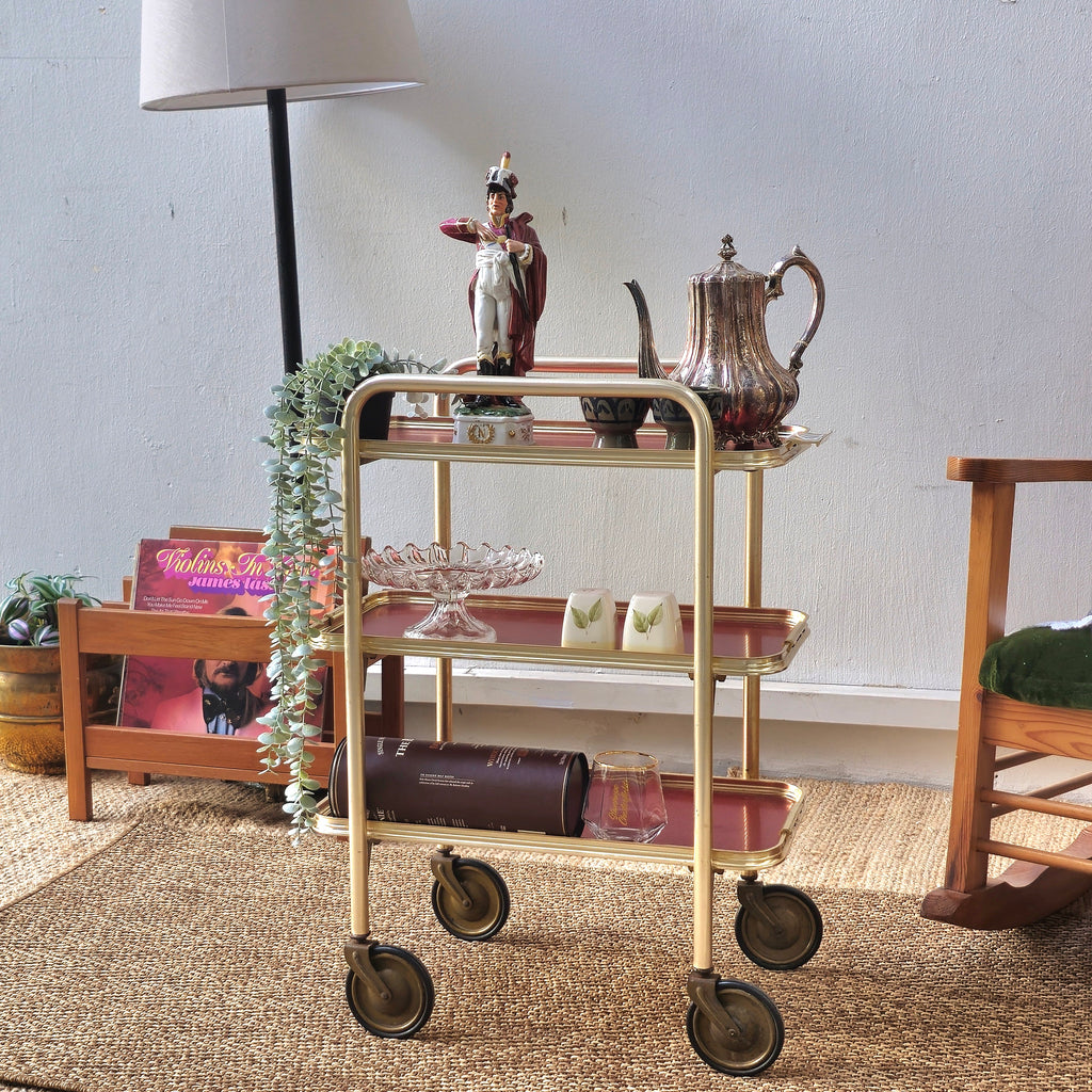 Vintage Mid-Century 3-Tier Hollywood Regency Trolley – Brass & Burgundy Bar Cart (Circa 1950s/60s)