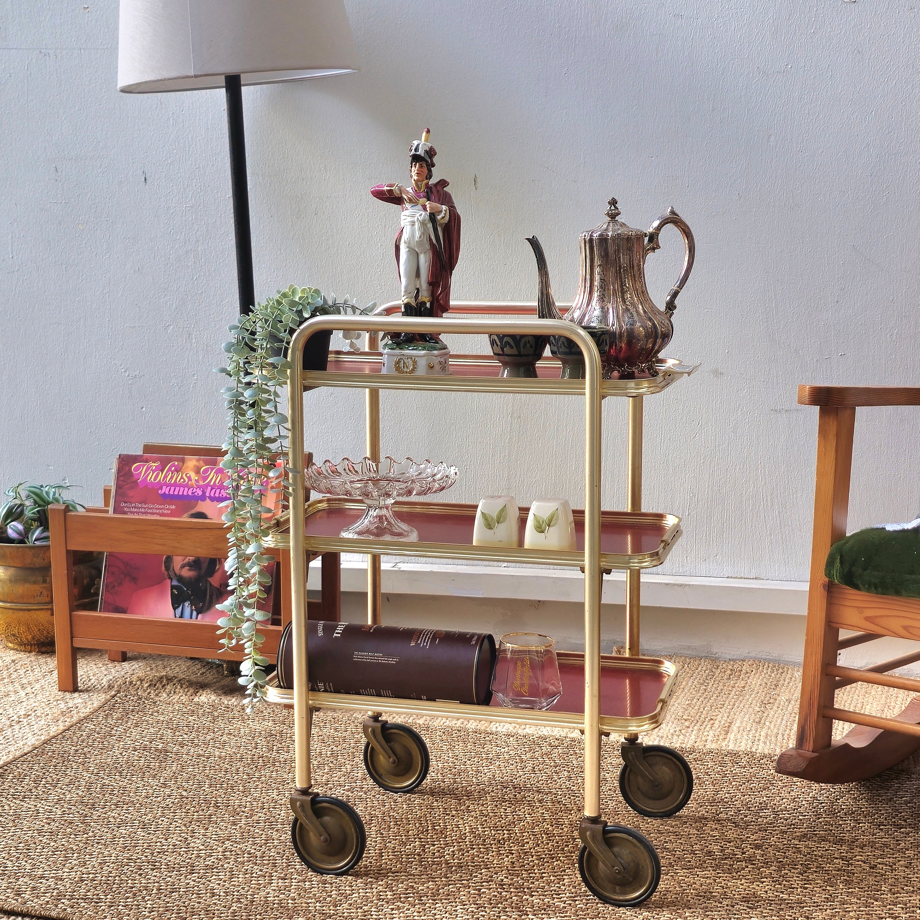 Vintage Mid-Century 3-Tier Hollywood Regency Trolley – Brass & Burgundy Bar Cart (Circa 1950s/60s)
