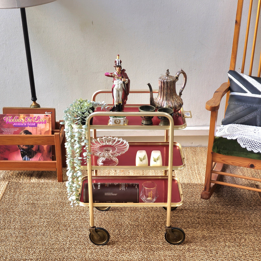 Vintage Mid-Century 3-Tier Hollywood Regency Trolley – Brass & Burgundy Bar Cart (Circa 1950s/60s)